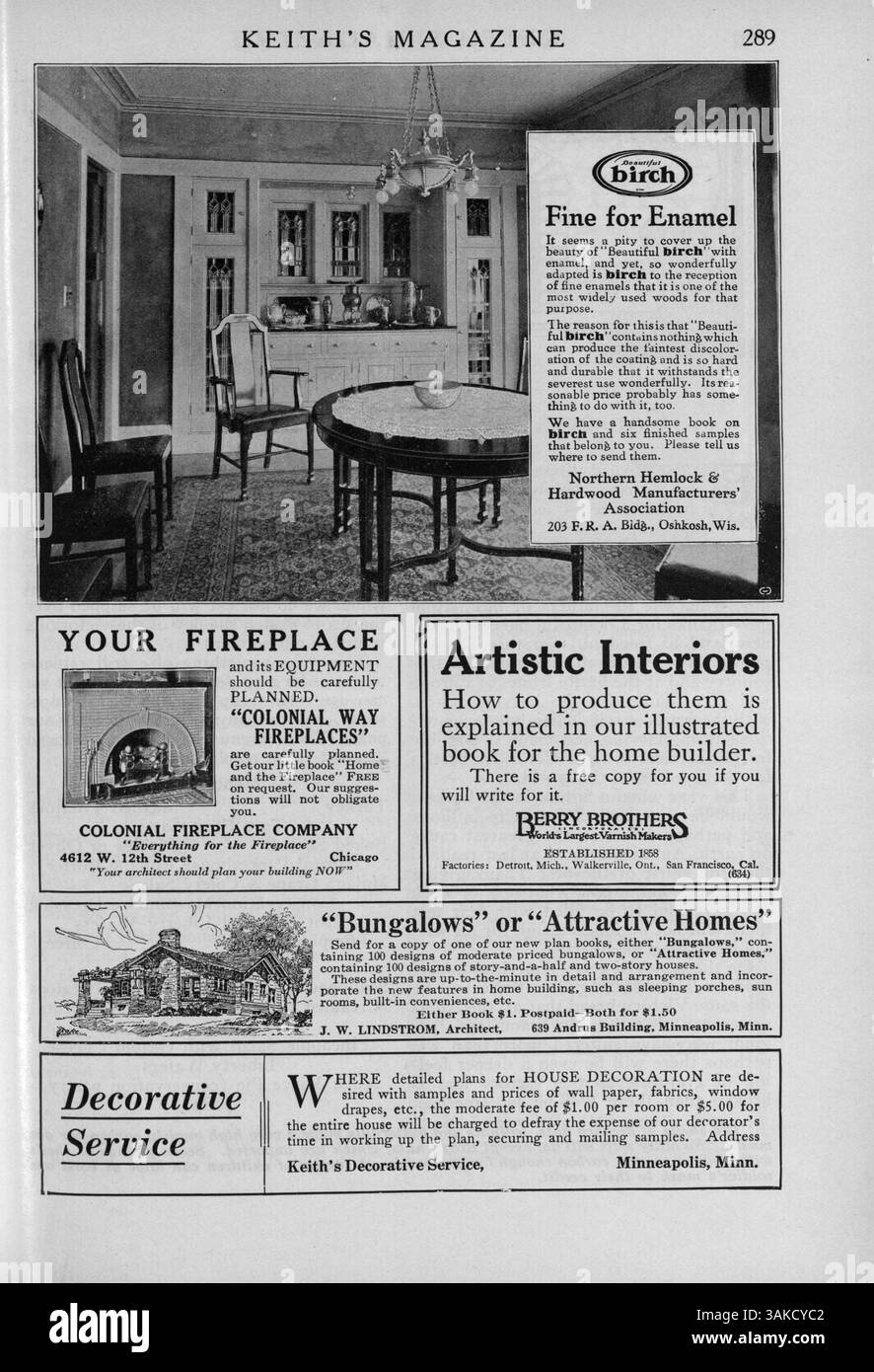 Keith's Magazine of 1918 präsentiert architektonische Entwürfe, Strategien für den Wohnungsbau und detaillierte Kostenaufgliederungen. Das Magazin enthält Beiträge zu Wohnentwürfen, öffentlichen Gebäuden wie Kirchen und Schulen sowie Werbespots für Baumaterialien und Wohnkultur. Stockfoto