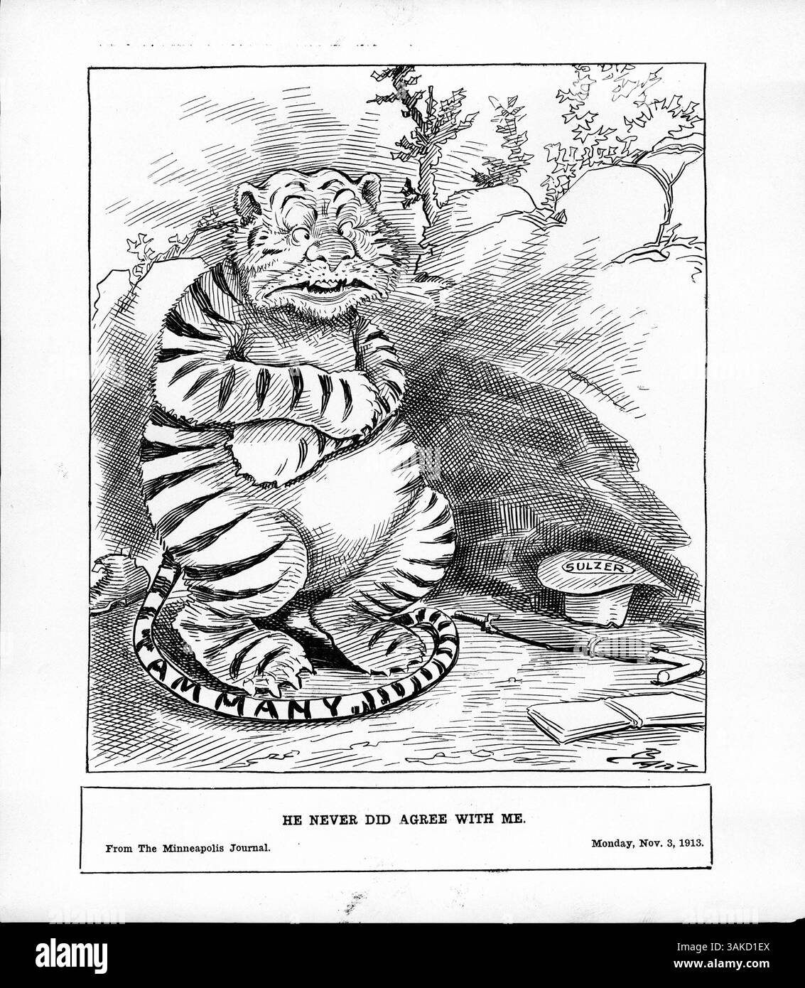 Der politische Zeichentrick zeigt den Tammany-Tiger in Pain, neben Gegenständen, die William Sulzer, dem ehemaligen Gouverneur von New York, gehören. Sulzer war nach einem Konflikt mit der politischen Maschine von Tammany, der sich während seiner Wahlkampfbemühungen gegen ihn wandte, aus dem Amt entfernt worden. Stockfoto