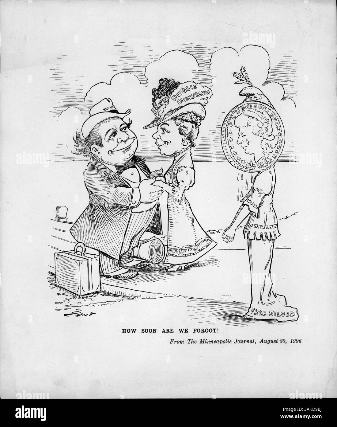William Jennings Bryan ist in einem politischen Zeichentrick zu sehen, wie er seine Position zu Free Silver verlagert und das öffentliche Eigentum an Versorgungseinrichtungen und Transitdiensten unterstützt, nachdem er Free Silver aufgegeben hat, dargestellt neben Lady Public Ownership. Stockfoto William Jennings Bryan ist in einem politischen Zeichentrick zu sehen, wie er seine Position zu Free Silver verlagert und das öffentliche Eigentum an Versorgungseinrichtungen und Transitdiensten unterstützt, nachdem er Free Silver aufgegeben hat, dargestellt neben Lady Public Ownership. Stockfoto
