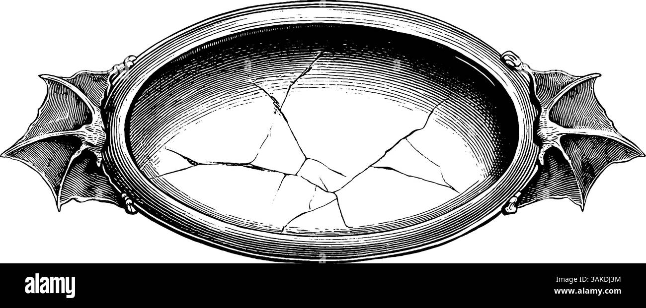 Gravierter Spiegel mit Fledermausflügeln, die gotische Eleganz und geheimnisvollen Charme veranschaulichen. Stock Vektor