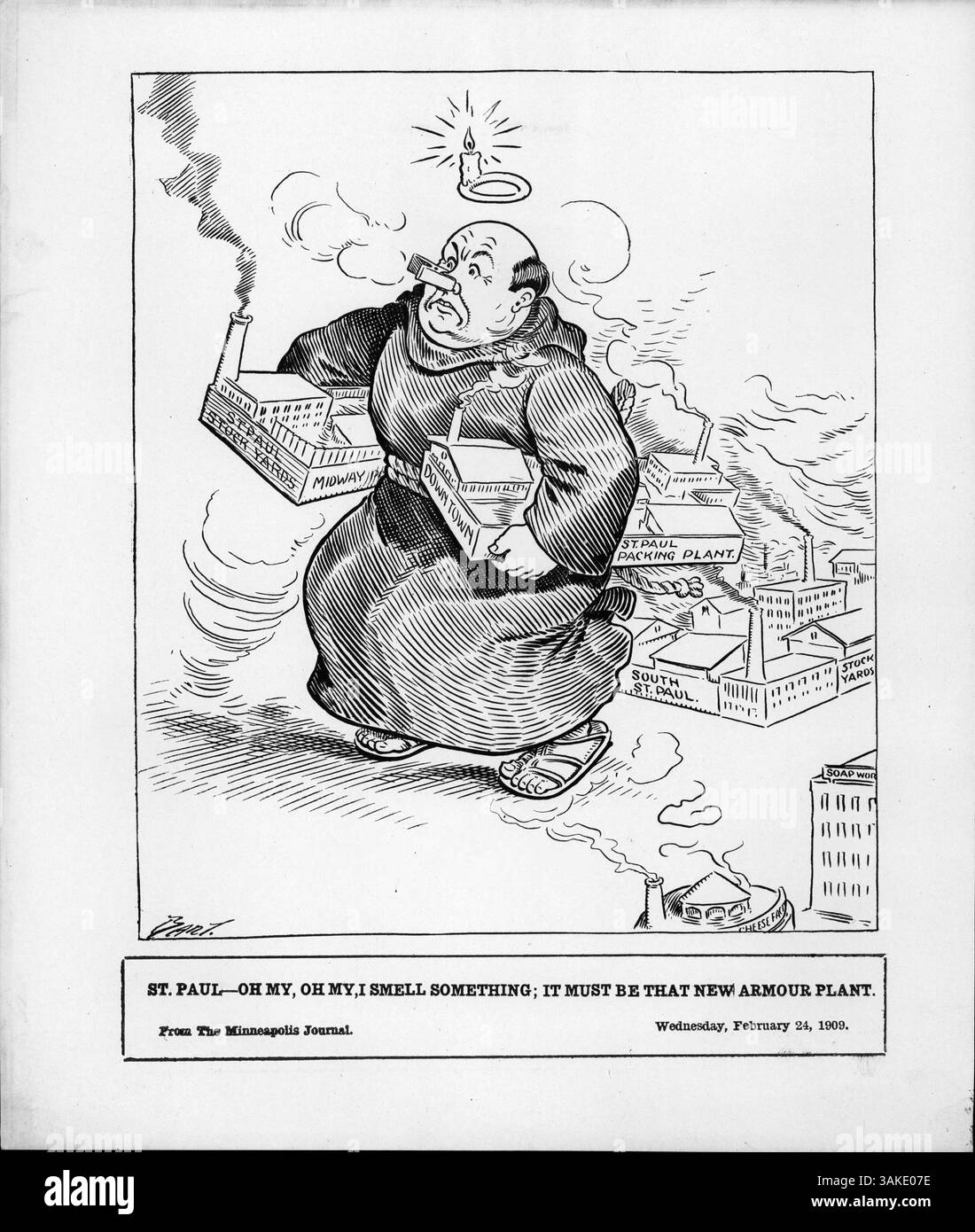 Eine skurrile Illustration zeigt eine Figur in St. Paul, die die Stockhöfe, Midway, Downtown und die St. Paul Packanlage weghebt. Dabei verwendet er einen Clip, um seine Nase zu bedecken, während er sie wegträgt. Das Bild zeigt humorvoll die industriellen Gerüche, die mit der Rüstungsanlage in South St. Paul verbunden sind. Stockfoto