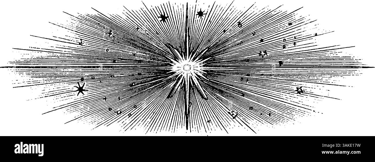 Graviertes himmlisches Bannerdesign mit strahlender Kugel für kosmische Kunst. Stock Vektor