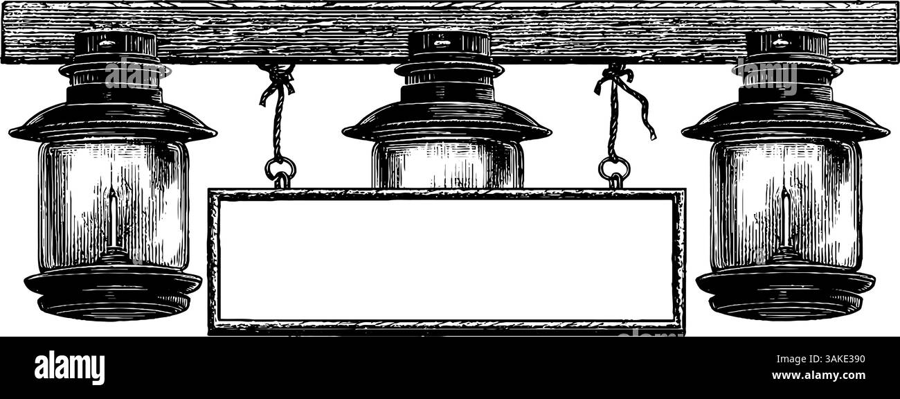 Vintage gravierte Hängeleuchten mit leerem Schild zur individuellen Anpassung. Stock Vektor