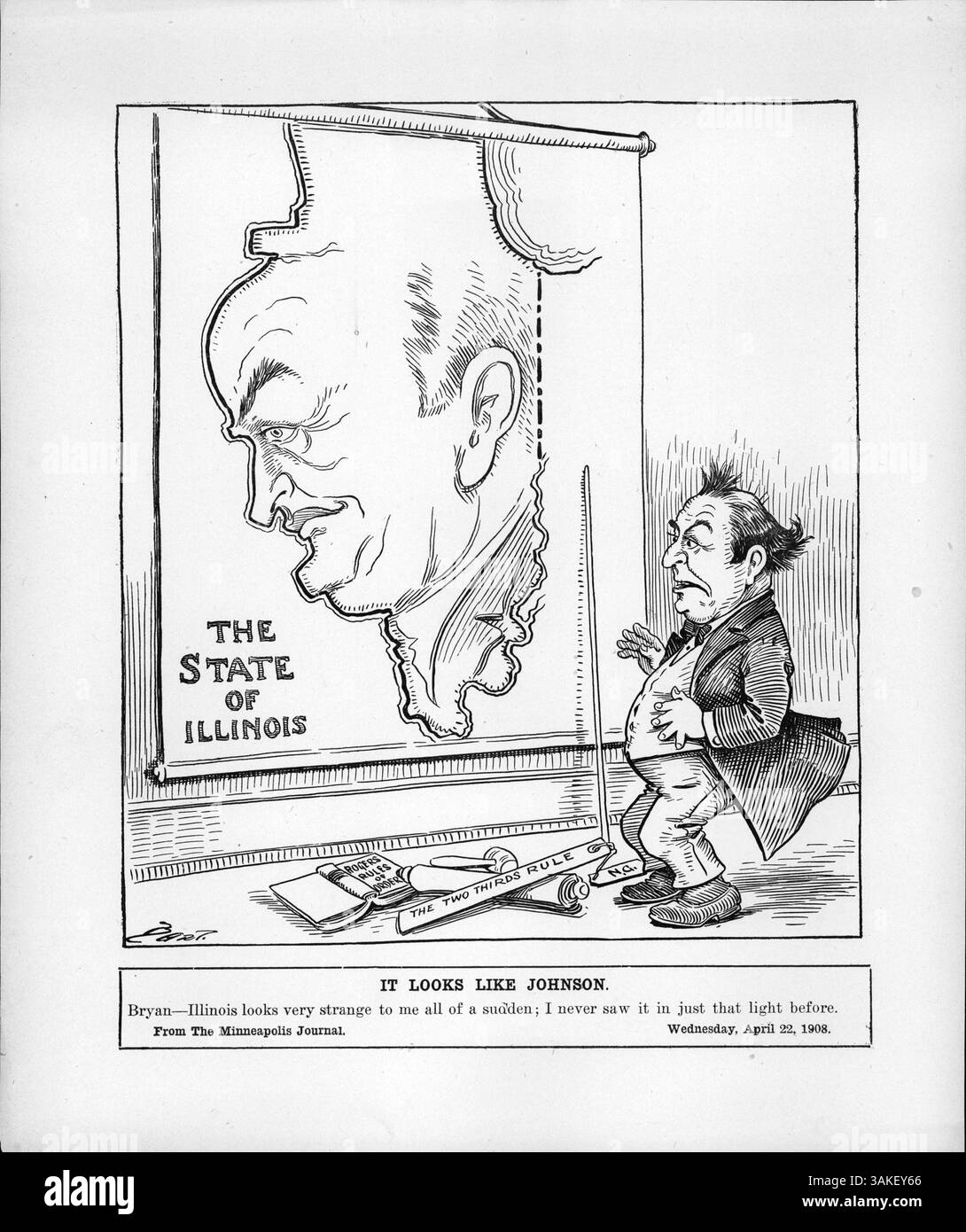 In diesem Bild untersucht Bryan eine Karte von Illinois, die dem Profil von Johnson ähnelt. Das Bild bezieht sich auf eine politische Situation während des Nominierungsprozesses der Demokratischen Partei, in der Bryan trotz der Konkurrenz von Johnson Unterstützung suchte, was durch die damals bestehende zwei-Drittel-Regel hervorgehoben wurde. Stockfoto