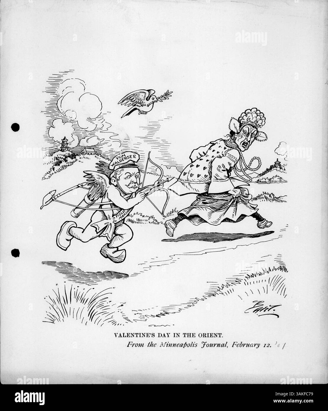 Eine Darstellung des Feldmarschalls Alfred von Waldersee, gekleidet als Cupid, der die Kaiserwitwe Cixi mit Pfeil und Bogen jagte. Es symbolisiert die Kreuzung zwischen europäischer und chinesischer Kultur während der Boxeraufstände. Stockfoto