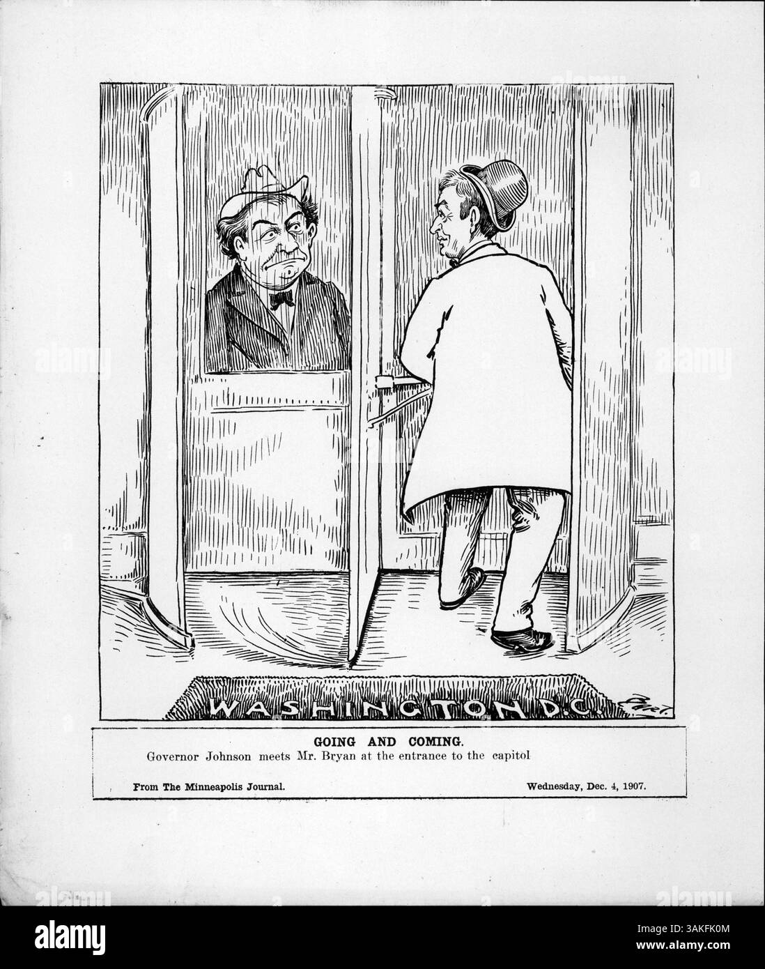 William Jennings Bryan und Gouverneur John A. Johnson werden in einer Drehtür in Washington D.C. dargestellt. Diese Szene spiegelt ihre kurze Begegnung im Kapitol wider, wobei Bryan eine prominente politische Persönlichkeit und Johnson ein aufsteigender Stern in der Demokratischen Partei ist und sich möglicherweise für die Präsidentschaftskandidatur 1908 positionieren konnte. Stockfoto