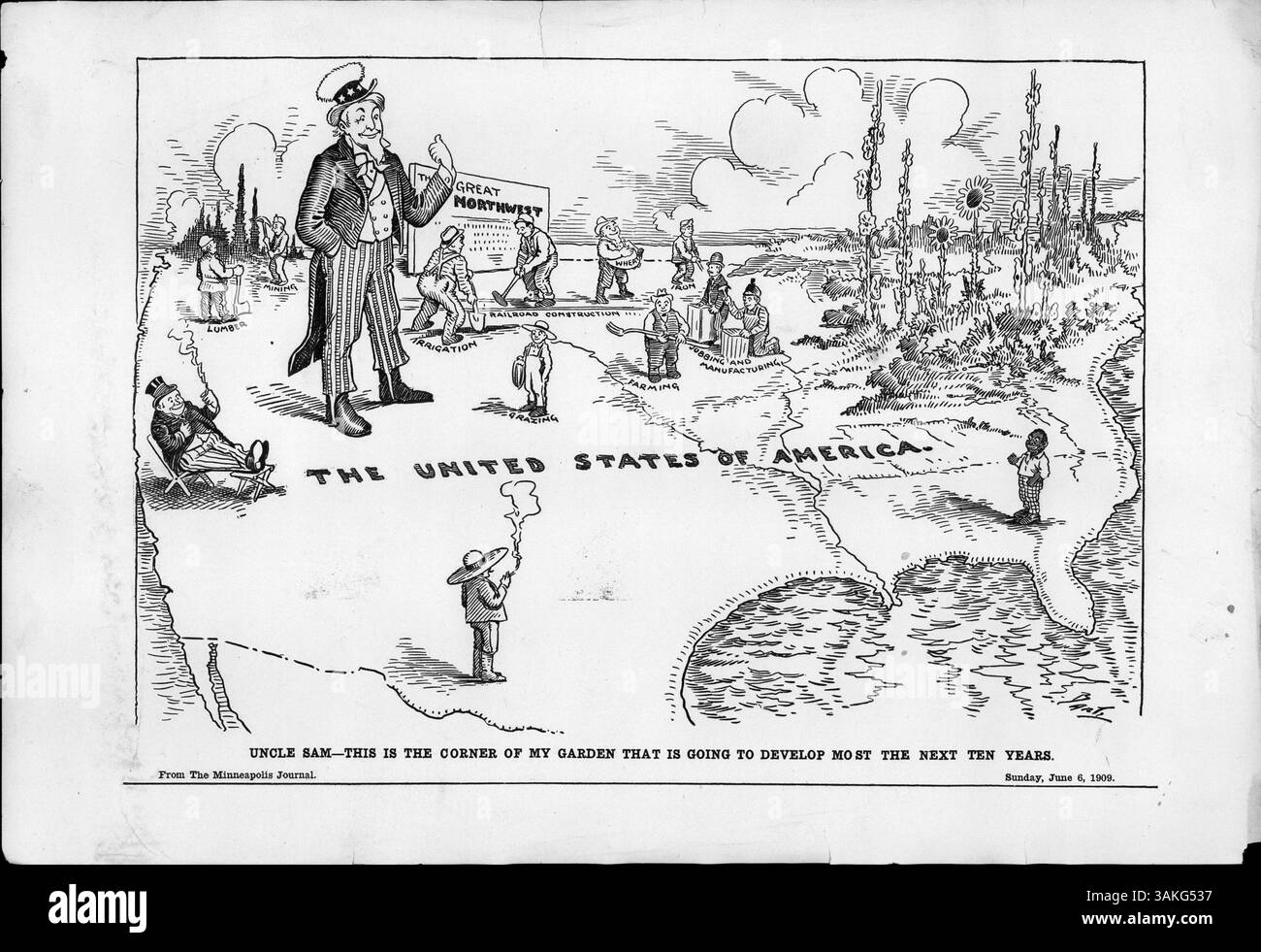 Diese Illustration zeigt Onkel Sam, der Amerika repräsentiert, den Großen Nordwesten überblickt und die Menschen einlädt, sich in verschiedenen Branchen zu engagieren, darunter Eisenbahnbau, Landwirtschaft, Arbeit, Bewässerung, Weidewirtschaft, Bauholz und Bergbau in der Entwicklung der Region in den nächsten Jahren. Stockfoto