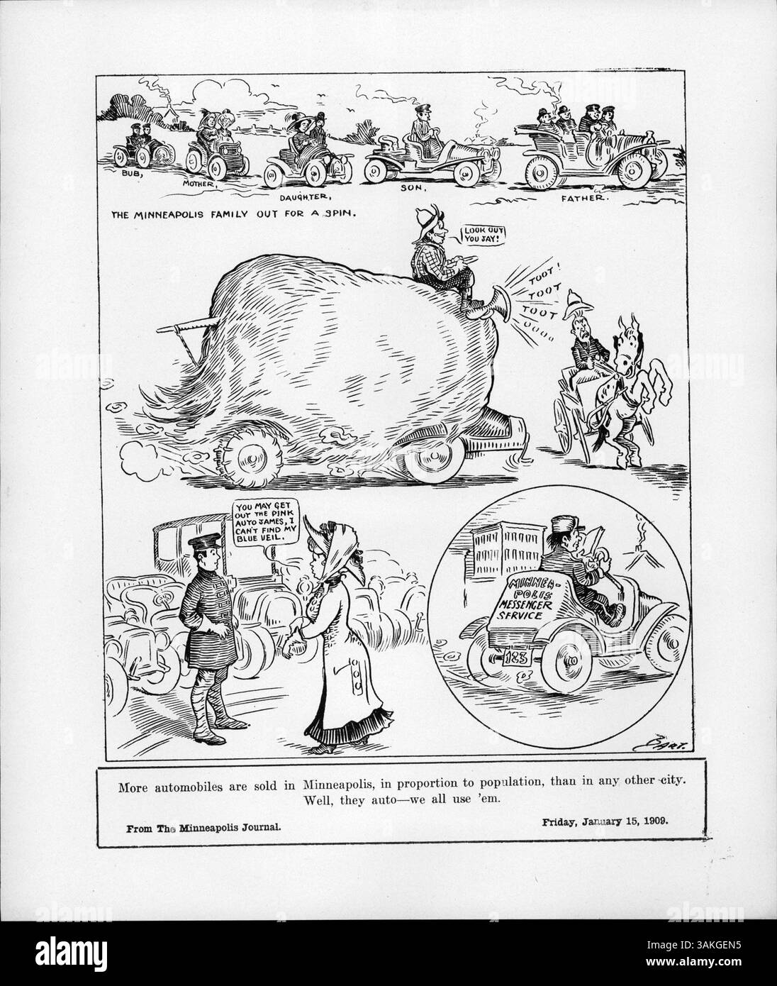 Ein Cartoon mit dem Titel „The Minneapolis Family Out for a Spin“ zeigt verschiedene Typen von Personen, die in Minneapolis Autos fahren, und hebt auf humorvolle Weise die hohen Pro-Kopf-Verkäufe der Stadt hervor. Stockfoto