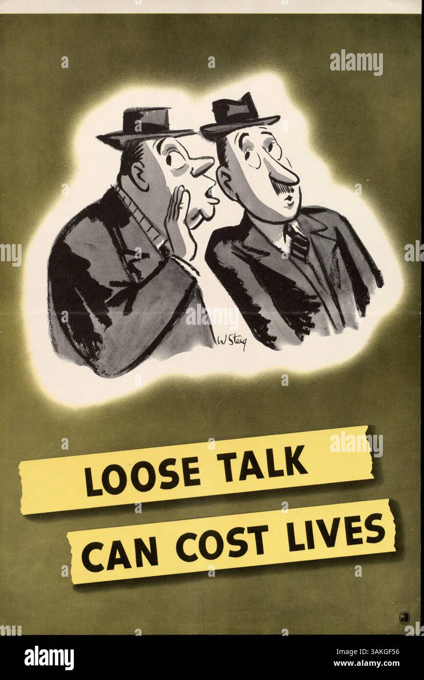 Dieses Bild zeigt die Gefahr einer unachtsamen Unterhaltung, bei der ein Mann einem anderen flüstert. Es fördert die Wachsamkeit gegen Spionage mit einem stilisierten „A“-Symbol für Kunst. Stockfoto