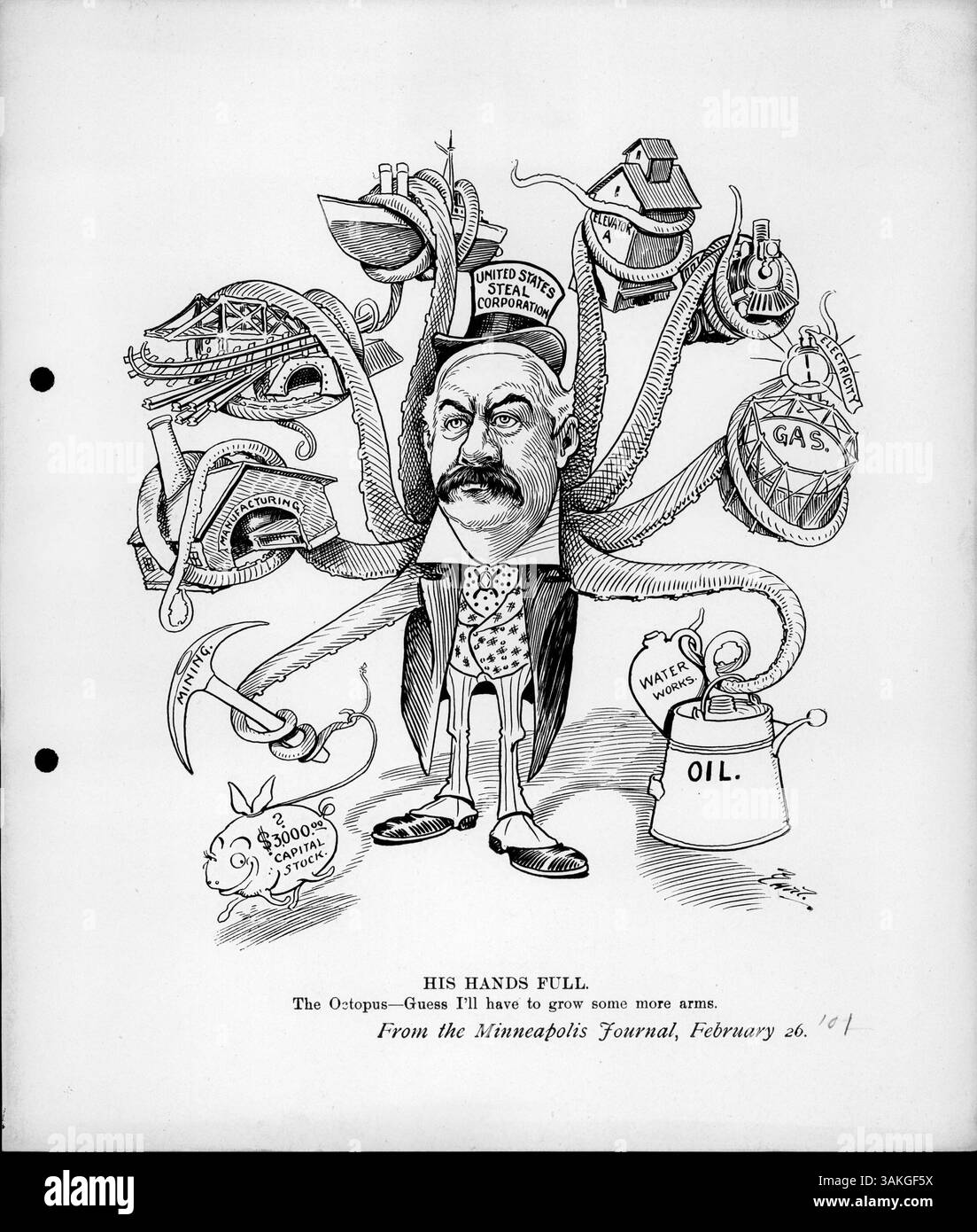 Diese Illustration aus dem Jahr 1919 zeigt die US-amerikanische Firma "Steal" als Krake, die Öl, Gas, Wasserwerke, Eisenbahnen, Fertigung, Bergbau und andere Branchen, die die Kontrolle des Unternehmens symbolisieren. Stockfoto