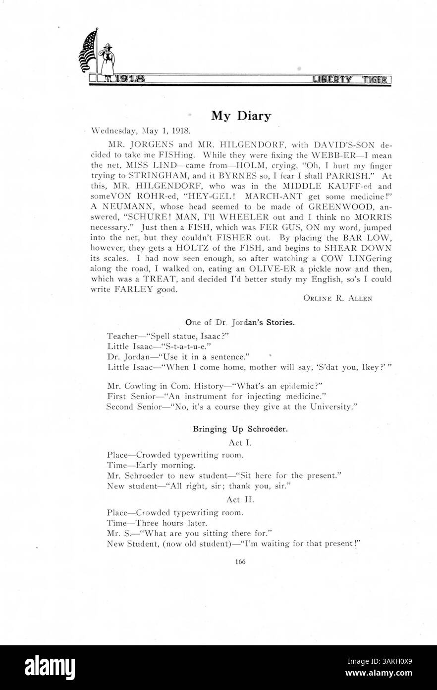 Das Liberty Tiger Yearbook von South High 1918 fängt eine breite Palette von Veranstaltungen und Studentenleben ein und konzentriert sich auf die sportlichen Leistungen, Vereine und die historische Bedeutung des Jahres, einschließlich der Rolle der afroamerikanischen Gemeinschaft. Stockfoto