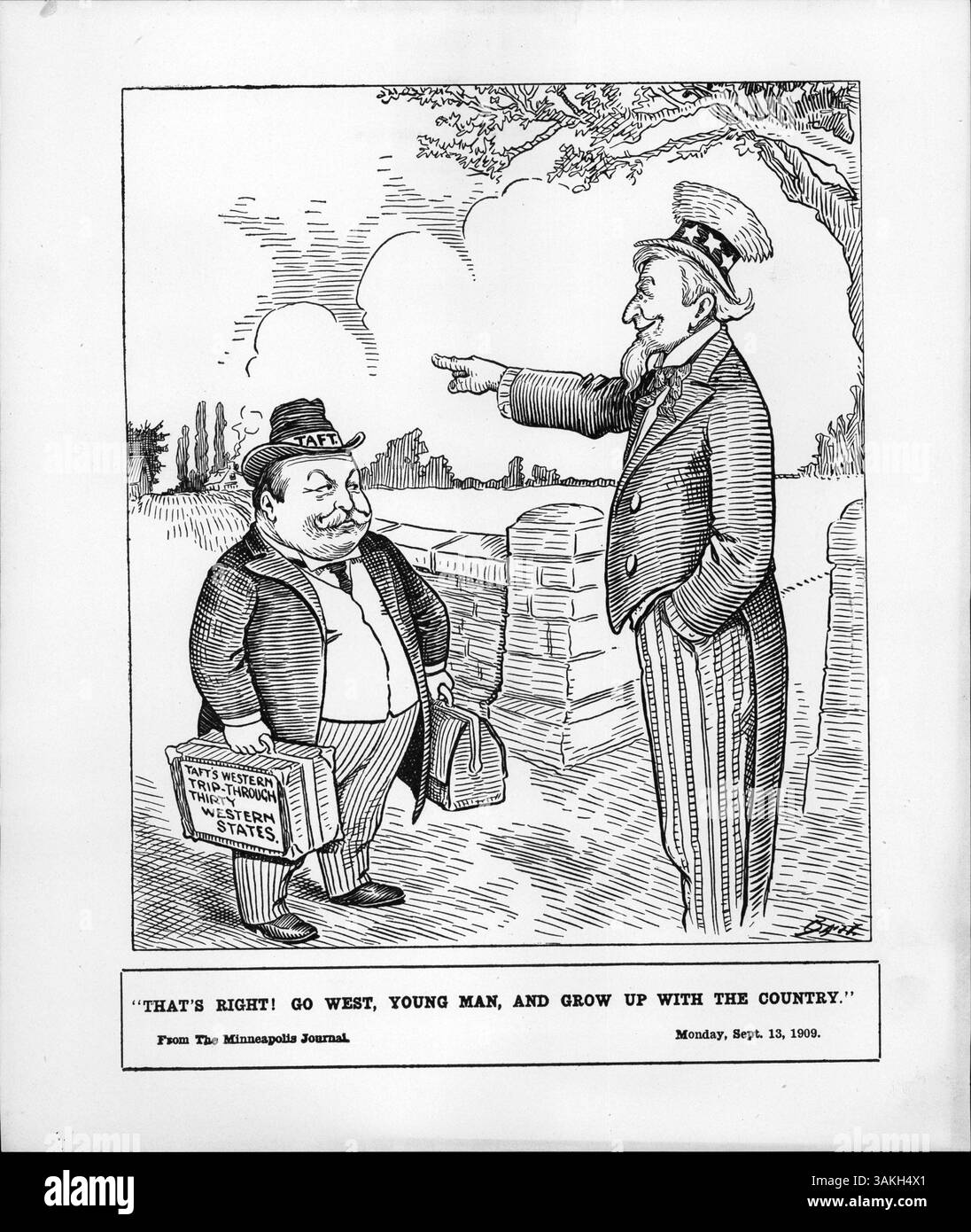 Onkel Sam spricht mit Präsident Taft, während er sich auf eine Reise durch 30 westliche staaten aufmacht, um nationales Wachstum und Entwicklung zu fördern, wie in den Archiven der Hennepin County Library dargestellt. Stockfoto