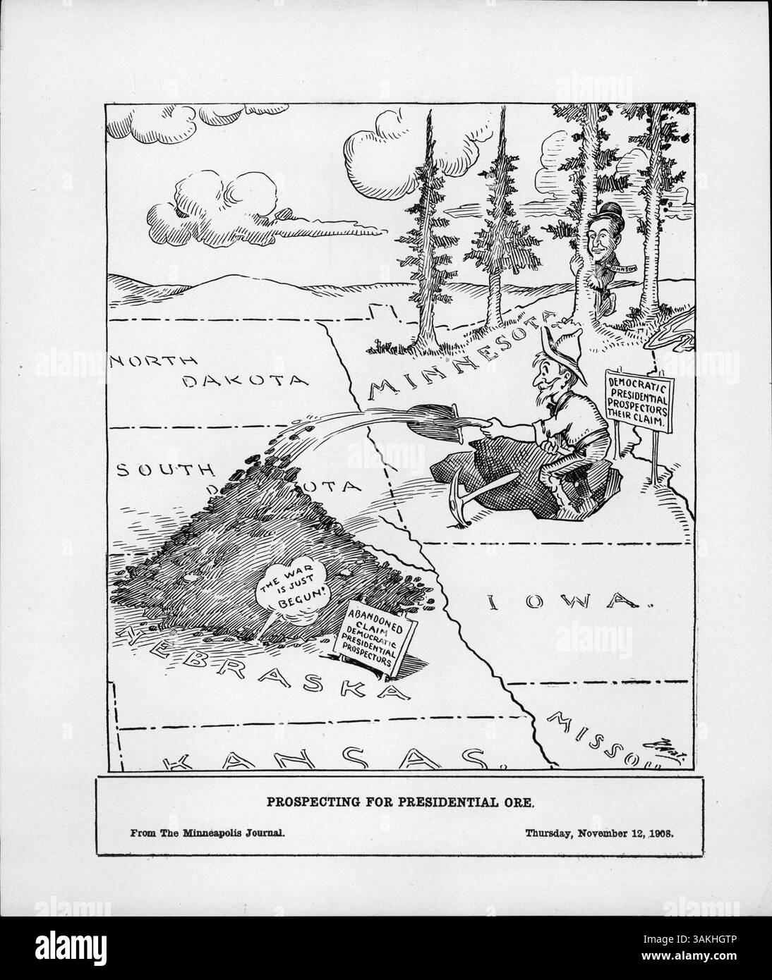 Das Bild zeigt einen Prospektor, der in Minnesota gräbt, während Johnson beobachtet. Der Schmutzfänger landet auf Nebraska, dem Heimstadion des dreimaligen Kandidaten für die Demokratische Präsidentschaftskandidatin William Jennings Bryan. In einem Bericht von 1912 wird Johnson als potenzieller demokratischer Führer und Präsidentschaftskandidat erwähnt. Stockfoto