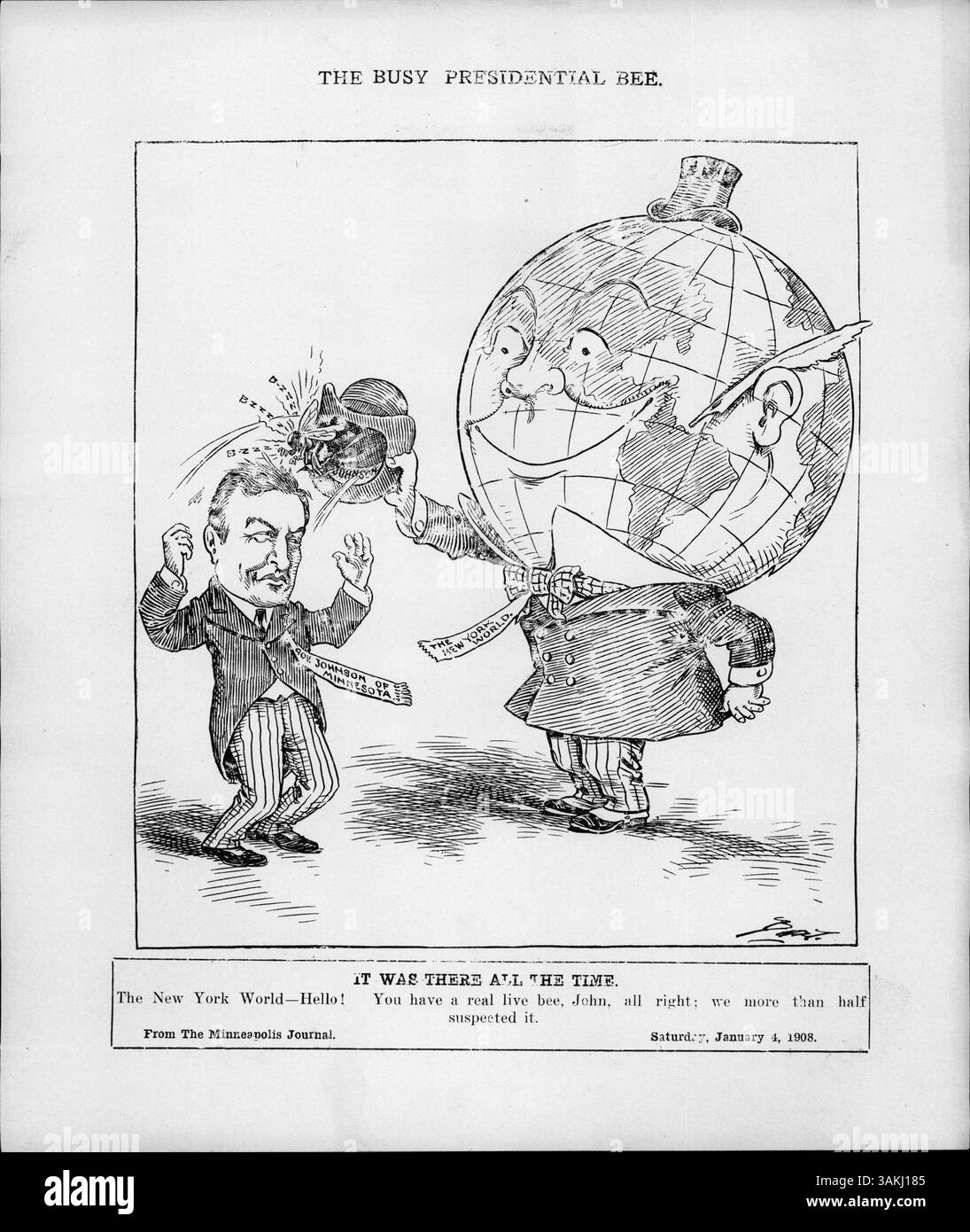 Eine Karikatur in der New York World zeigt eine Biene im Tophut von Gouverneur Johnson von Minnesota, die auf der Grundlage eines Interviews vom 3. Januar 1919 die wahrgenommene Kandidatur von Gouverneur Johnson für das Amt des Präsidenten kommentiert. Stockfoto