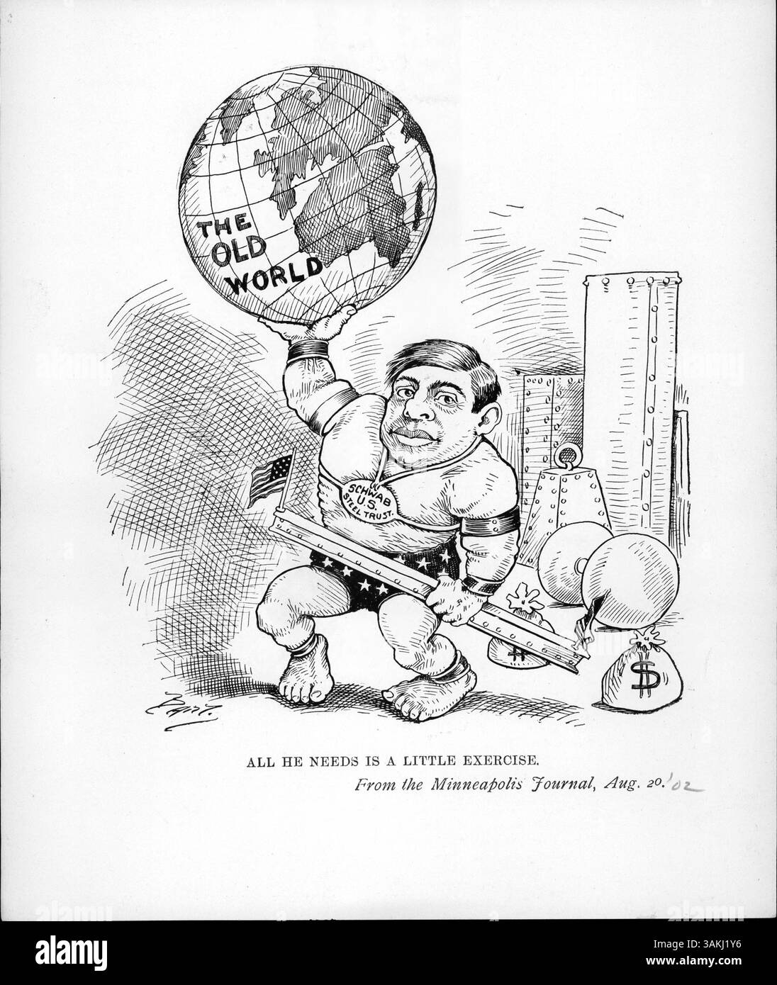 Ein politischer Zeichentrick mit Charles M. Schwab von U.S. Steel zeigte humorvoll, wie er die „Alte Welt“ mit einer Hand hob, während er in der anderen einen amerikanischen I-Träger aus Stahl hielt, was seinen Einfluss und seine Rolle in der Stahlindustrie widerspiegelte. Stockfoto