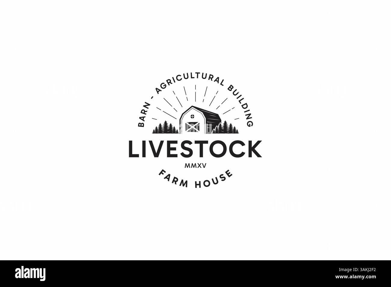 Viehbestand Logo Scheune Landwirtschaftliches Bauernhaus Wald Ländliche Landschaft Silhouette Dorf Gebäude Abstrakte Illustration Abzeichen Stock Vektor
