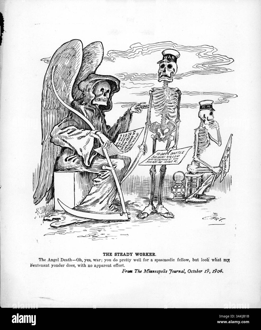 Der Engel des Todes vergleicht den Kriegsrekord mit dem der Eisenbahn und hebt die Zahl der Todesopfer der jüngsten Schlachten hervor, einschließlich des Russisch-Japanischen Krieges und der Eisenbahnunfälle. Stockfoto