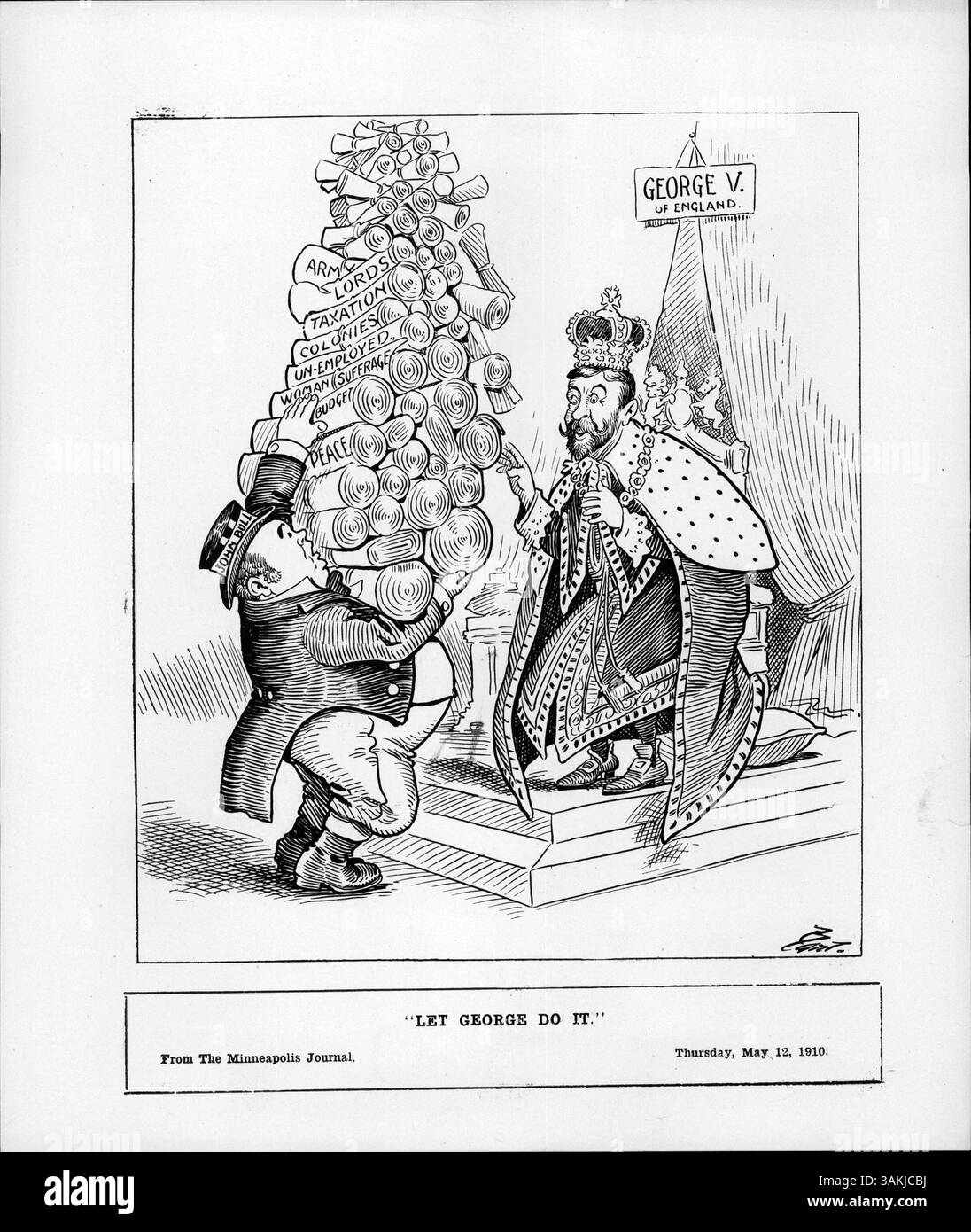 In diesem politischen Zeichentrick wird König George, in königlichen Gewändern gekleidet, mit zahlreichen Herausforderungen konfrontiert, darunter Armee, Steuern und Frauenwahlrecht, die die Probleme Englands während seiner Regierungszeit symbolisieren. Stockfoto