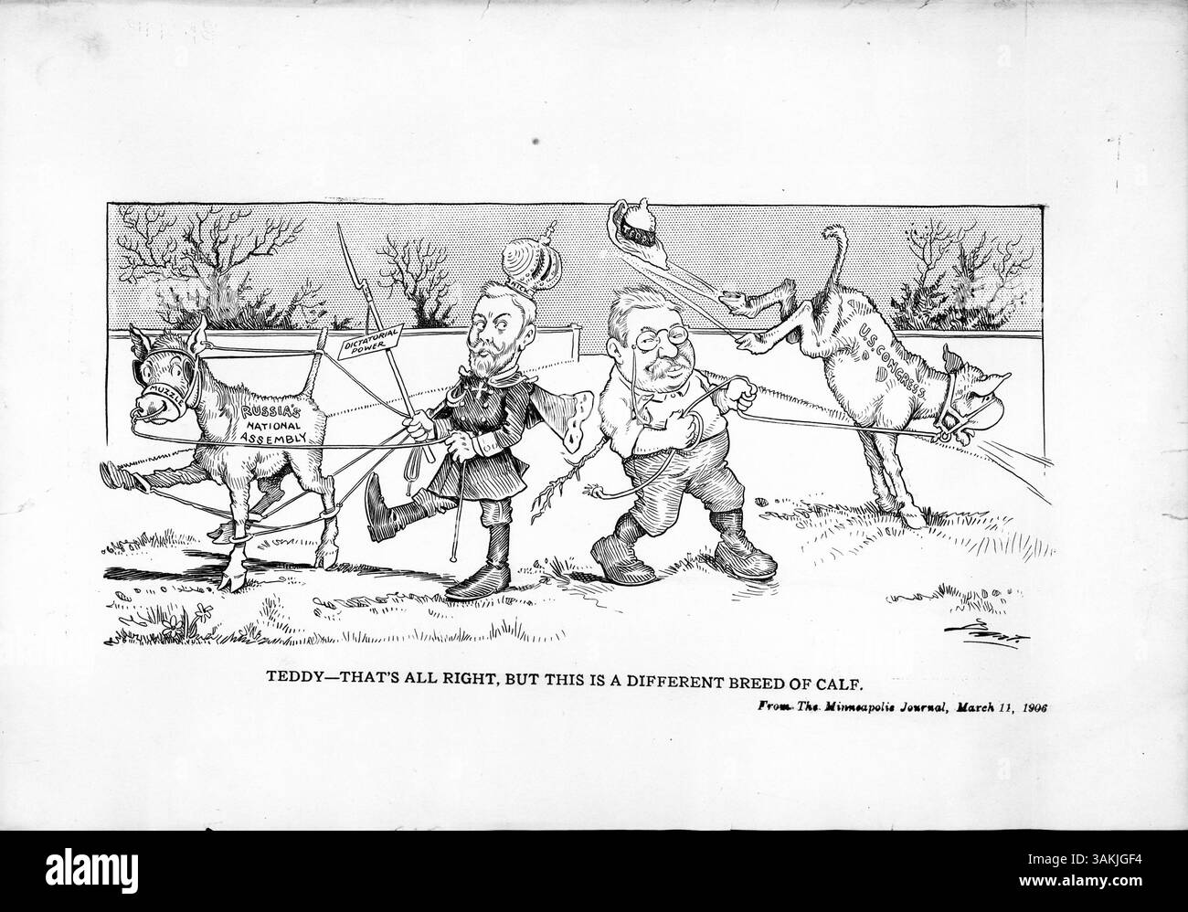 Ein politischer Cartoon zeigt Zar Nikolaus, der die russische Nationalversammlung wie eine Marionette manipuliert und seine absolute Kontrolle mit Präsident Roosevelts Kampf um Einfluss auf den US-Kongress, der sich seiner Politik widersetzt, kontrastiert. Stockfoto Ein politischer Cartoon zeigt Zar Nikolaus, der die russische Nationalversammlung wie eine Marionette manipuliert und seine absolute Kontrolle mit Präsident Roosevelts Kampf um Einfluss auf den US-Kongress, der sich seiner Politik widersetzt, kontrastiert. Stockfoto