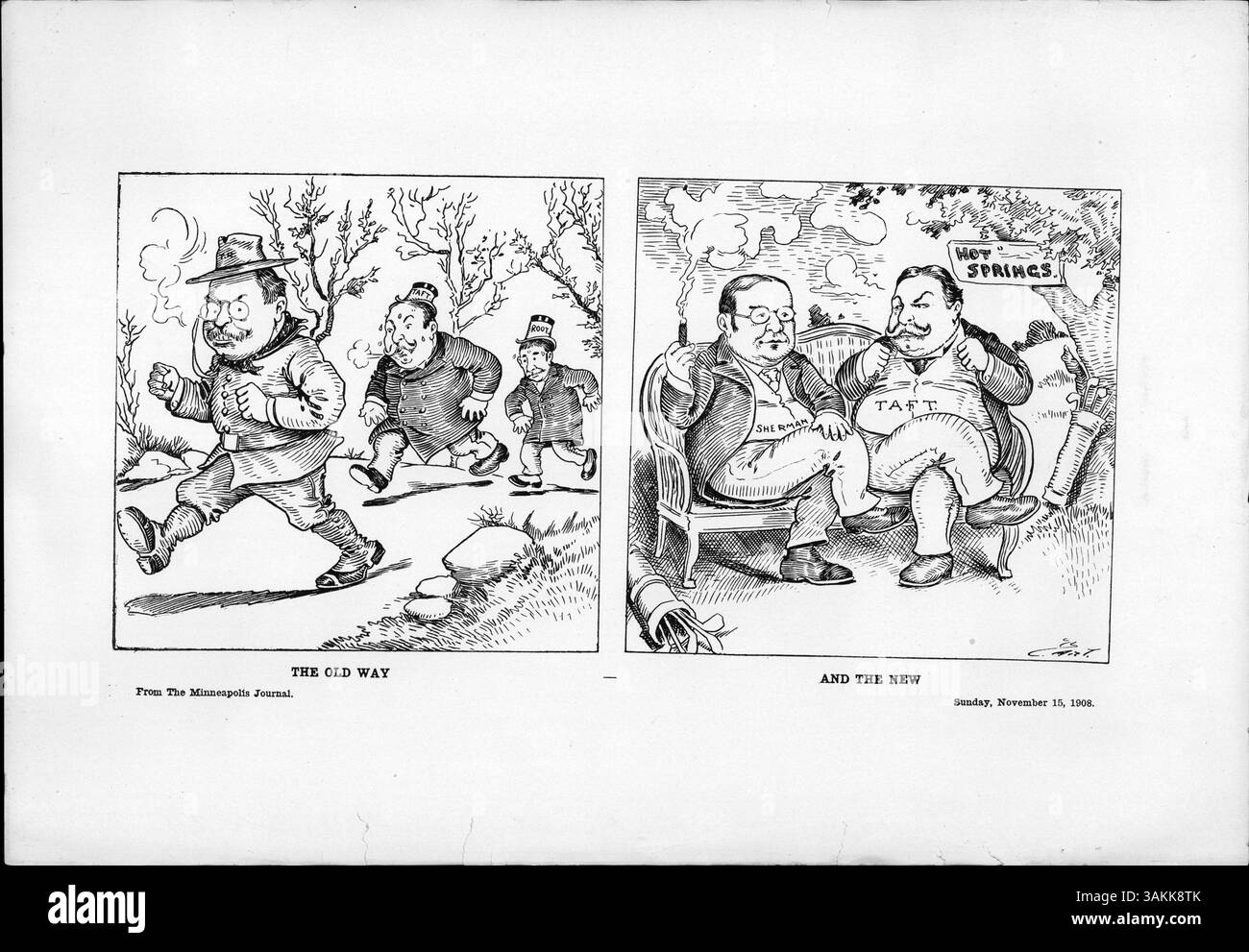 Das Bild stellt zwei Szenen gegenüber: Die eine zeigt Taft und Root, die sich auf einem bewaldeten Pfad mit Roosevelt auseinandersetzen, und die zweite zeigt Taft und Sherman, die sich in Hot Springs entspannen und bereit sind, Golf zu spielen. Dieser Zeichentrick spiegelt die politische Dynamik der Zeit wider, insbesondere die Veränderung der Führungsstile. Stockfoto Das Bild stellt zwei Szenen gegenüber: Die eine zeigt Taft und Root, die sich auf einem bewaldeten Pfad mit Roosevelt auseinandersetzen, und die zweite zeigt Taft und Sherman, die sich in Hot Springs entspannen und bereit sind, Golf zu spielen. Dieser Zeichentrick spiegelt die politische Dynamik der Zeit wider, insbesondere die Veränderung der Führungsstile. Stockfoto