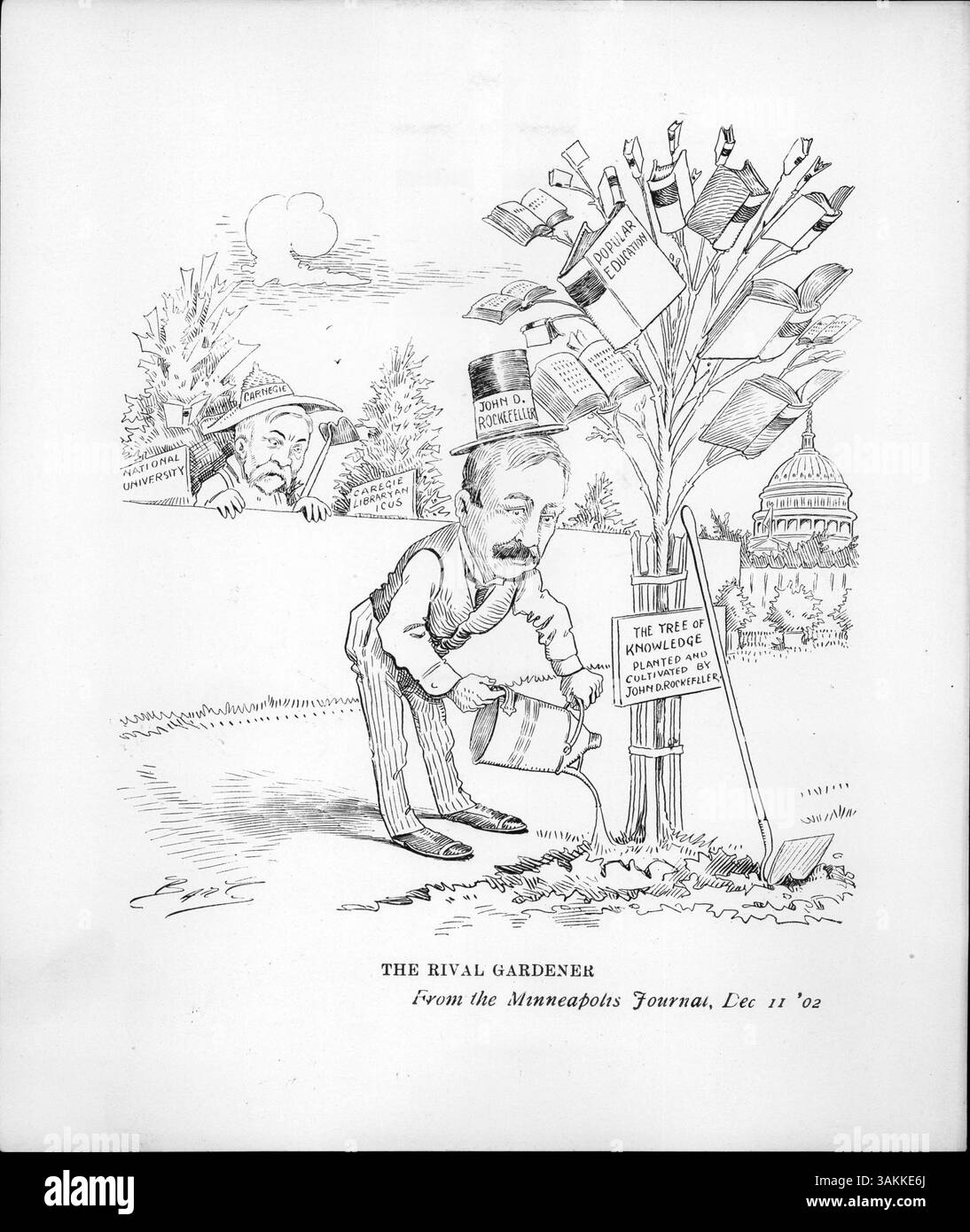 John D. Rockefeller wird dargestellt, wie er seinen Baum des Wissens tränkt, während Andrew Carnegie bei seinen eigenen Bildungsinitiativen über die Mauer schaut und ihre Beiträge zu Bildungseinrichtungen symbolisiert. Beide Männer finanzierten die Schaffung von Universitäten und Bibliotheken. Stockfoto
