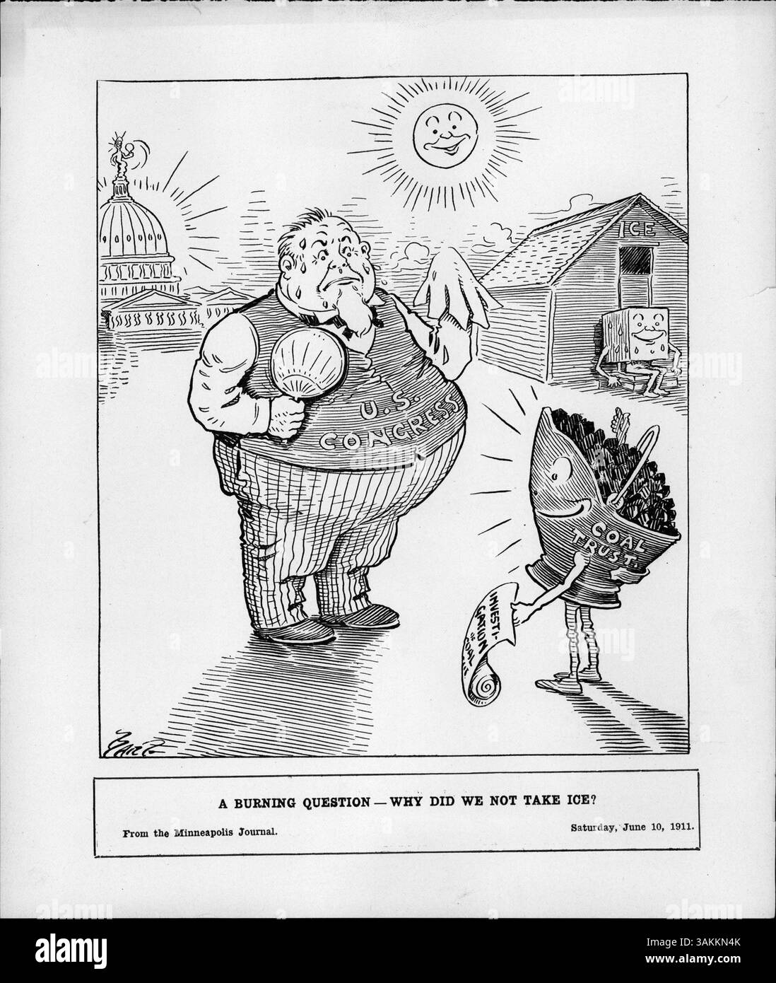 In diesem Leitartikel wird der US-Kongress während einer Untersuchung der Pittsburg Coal Company und U.S. Steel in der Sommerhitze schwitzen. Die Untersuchung konzentrierte sich auf eine Transaktion mit Kohle, während Minneapolis Ice Co. Die Macht auf dem Markt konsolidierte. Stockfoto