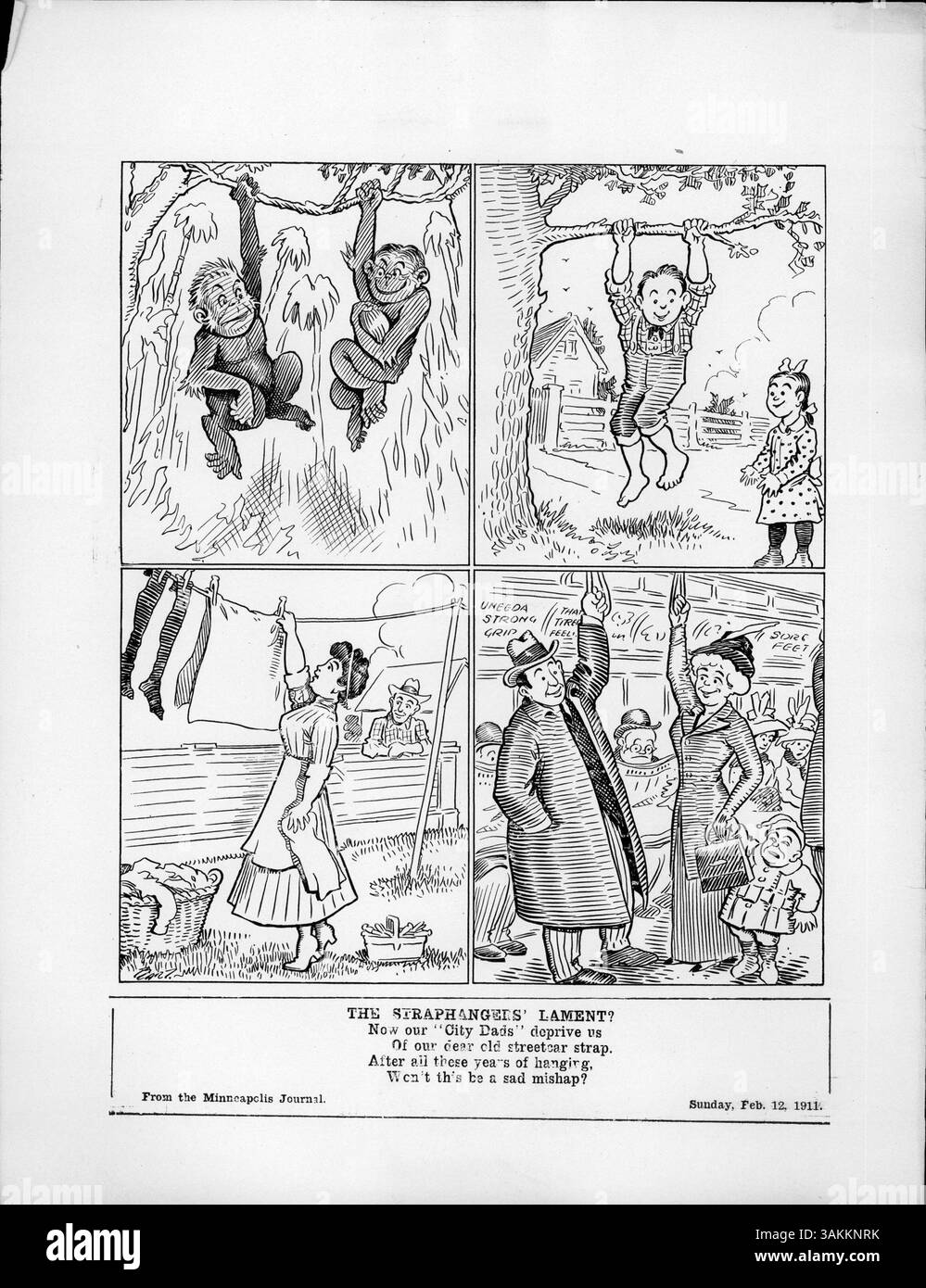 Dieses humorvolle Stück kritisiert den Verlust des Straßenbahnsystems und reflektiert die Veränderung des Verkehrs, da der Straßenbahngurt, der einst Teil des täglichen Lebens war, in der Stadt nicht mehr verfügbar ist. Stockfoto