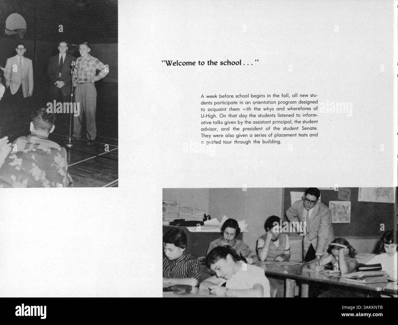 In diesem Jahrbuch werden die wichtigsten Veranstaltungen der University High School von 1956 bis 1957 vorgestellt, darunter Sport, Schüleraktivitäten und akademische Meilensteine. Stockfoto