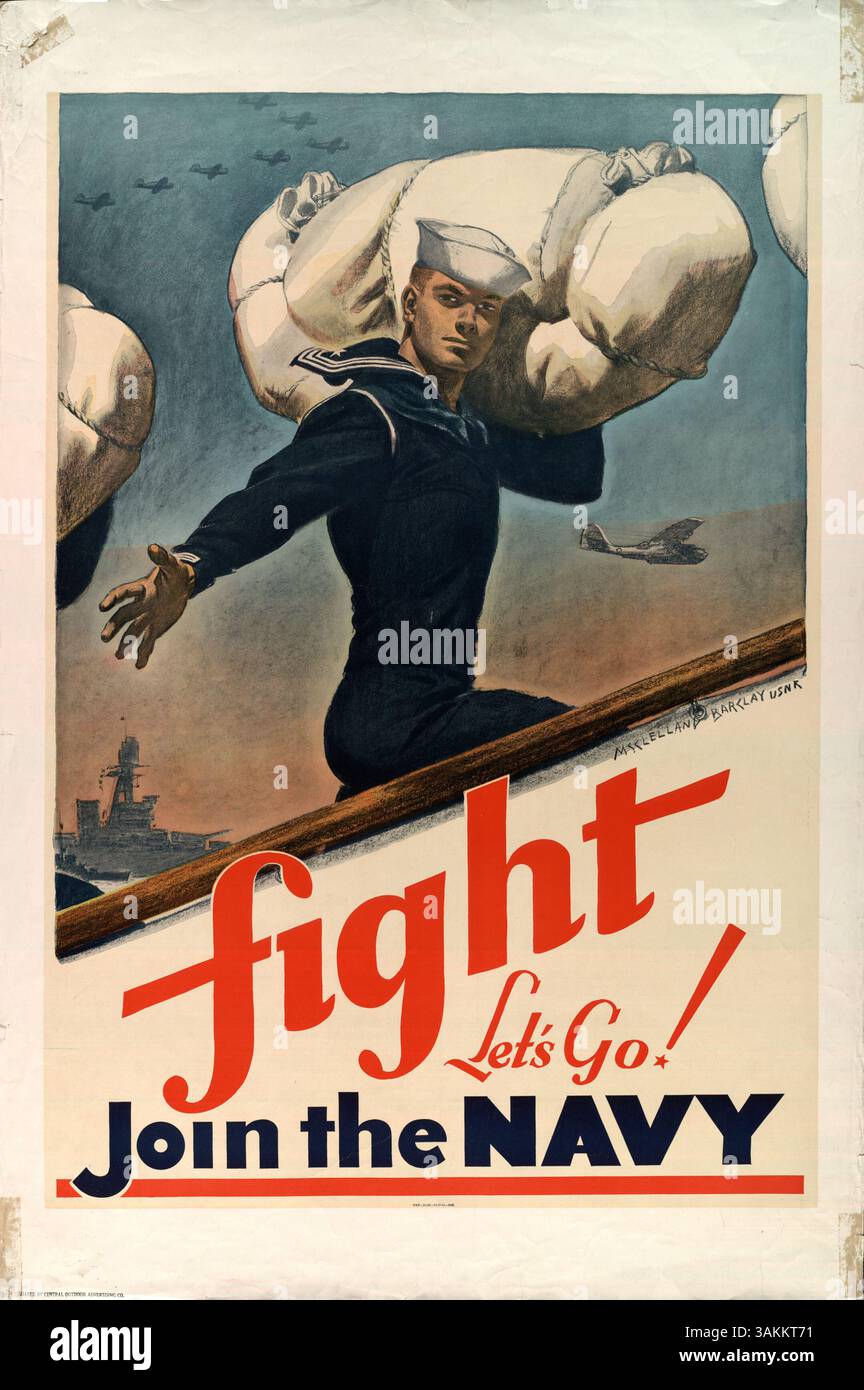 Dieses Propagandaplakat aus der Zeit des Zweiten Weltkriegs ermutigt junge Männer dazu, sich der US Navy anzuschließen. Es zeigt einen Matrosen, der ein Schiff mit Flugzeugen besteigt, die über dem Kopf fliegen, und repräsentiert die militärischen Rekrutierungsbemühungen während des Krieges. Stockfoto