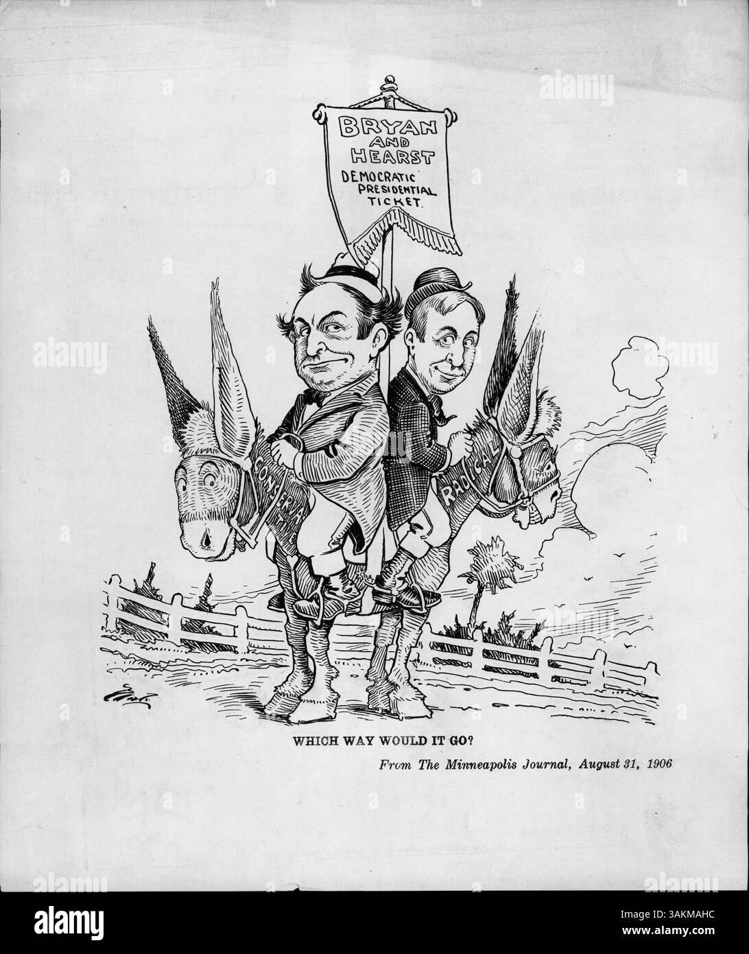 Dieser politische Cartoon zeigt William Jennings Bryan und William Hearst auf einem zweiköpfigen Esel, der die beiden gegnerischen Fraktionen der Demokratischen Partei im frühen 20. Jahrhundert repräsentiert. Stockfoto