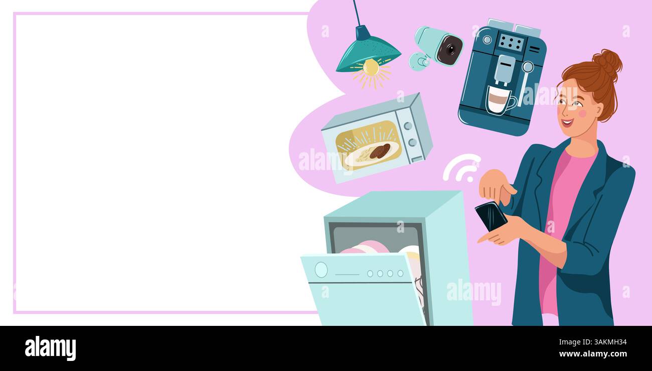 Vorlage für Banner für Smart Home-Technologie , Frau steuert Haushaltsgeräte aus der Ferne. Design des Banners oder Flyers in flacher Form, Vektorillustration Stock Vektor