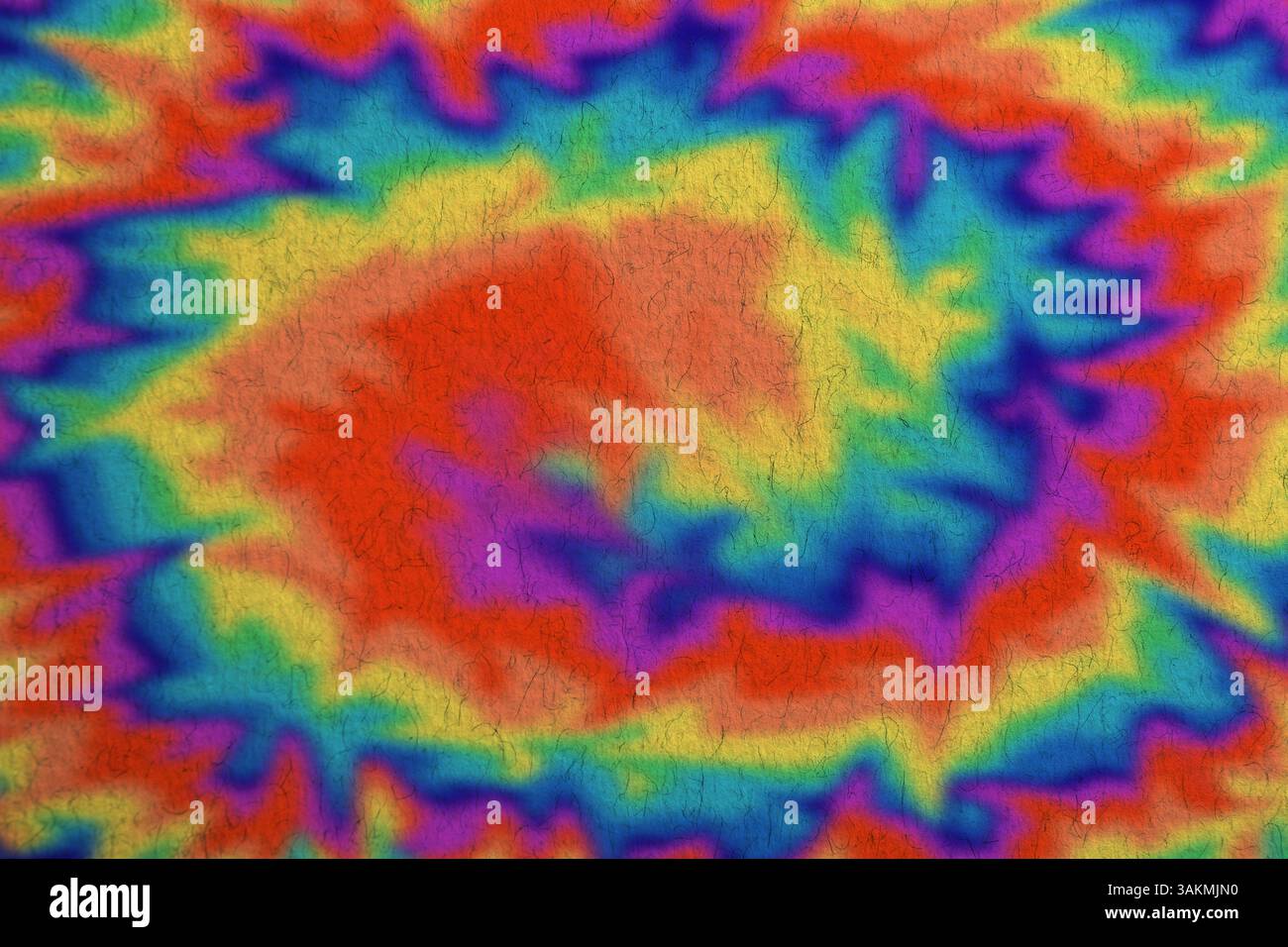 Helles, mit Tie-Dye-Technik gefärbtes Gewebe. Textil mit Wirbeln in Regenbogenfarben Stockfoto