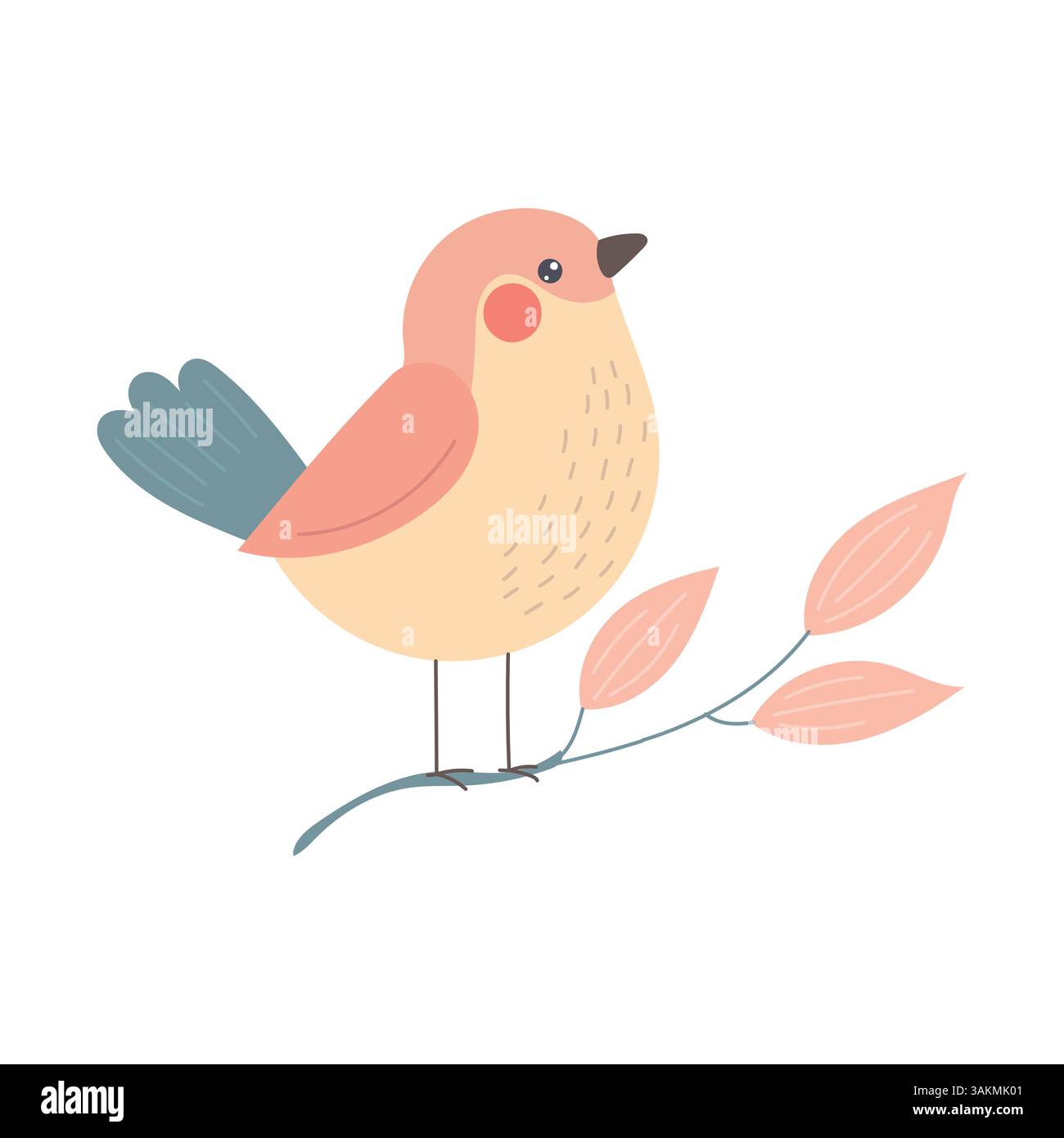 Süßer Pastellvogel mit rosafarbenen Flügeln und cremefarbenem Körper, der auf zarten rosa Blättern ruht, ideal für Frühlingsclipart, Kindergarten-Kunst und weiche, minimale Tierwelt Stock Vektor