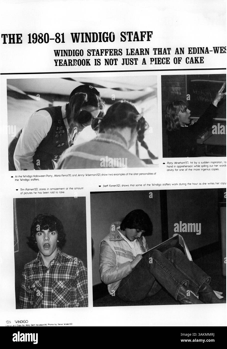 Das Windigo Jahrbuch 1981 der Edina West High School dokumentiert Schüler, Lehrer, Leichtathletik und außerschulische Aktivitäten sowie wichtige Veranstaltungen aus dem akademischen Jahr 1980-1981. Stockfoto