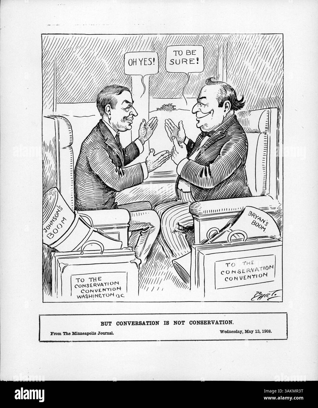 Eine Darstellung von Johnson und Bryan, die auf ihrem Weg zur Conservation Convention sprechen und Diskussionen über den Umweltschutz reflektieren. Das Bild fängt den politischen Dialog über die Erhaltung der Zeit ein. Stockfoto