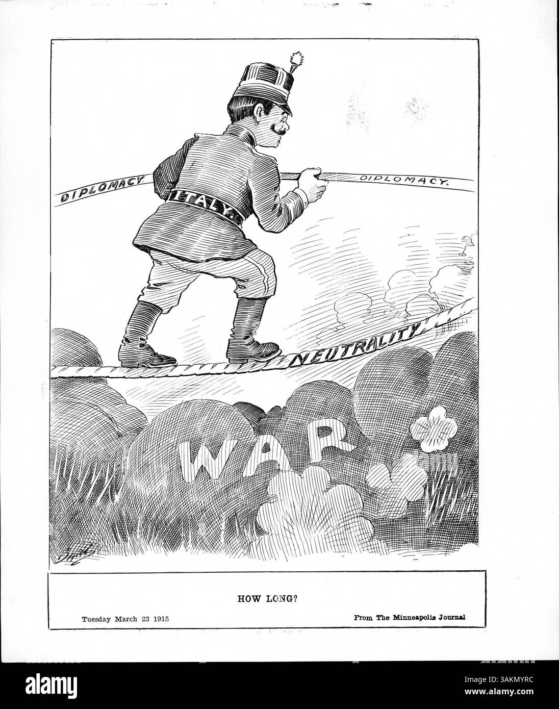 „Wie Lange?“ Hebt Italiens Neutralität während des Ersten Weltkriegs hervor und stellt ein Gleichgewicht zwischen Diplomatie und potenzieller Beteiligung an den Entente-Mächten her, wie in zeitgenössischen Nachrichtenberichten beschrieben. Stockfoto