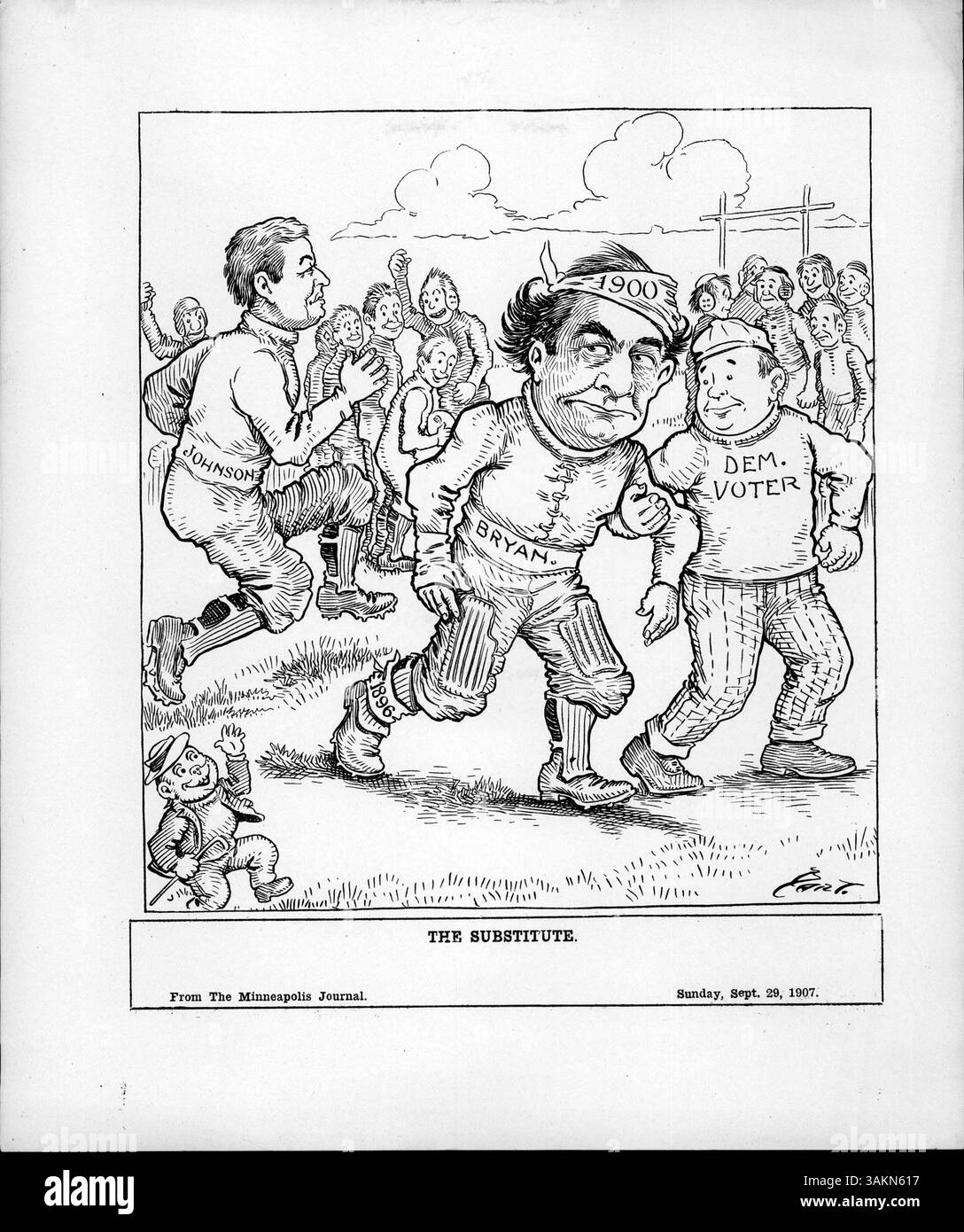 „Der Ersatz“ beschreibt den Moment, in dem William Jennings Bryan, nachdem er verletzt wurde, im Präsidentschaftswahlkampf der Demokraten 1908 durch John A. Johnson ersetzt wird. Johnson, Gouverneur von Minnesota, forderte Bryan heraus, der bei den vorhergehenden Wahlen von 1896 und 1900 kandidiert war. Stockfoto