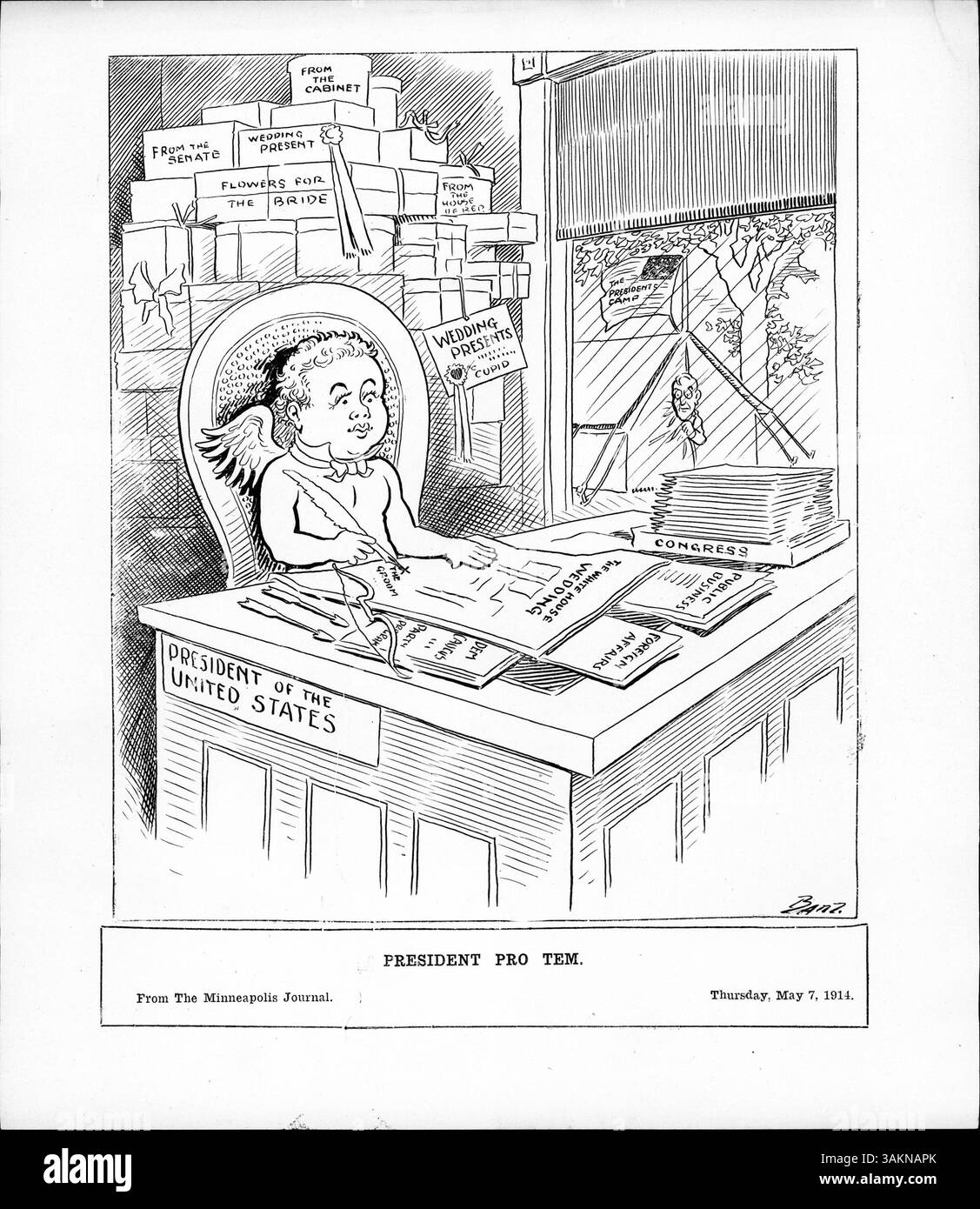 Eine Illustration zeigt Cupid, der an einem Schreibtisch sitzt und mit dem Aufdruck „Präsident der Vereinigten Staaten“ ein Dokument mit dem Titel „die Hochzeit des Weißen Hauses“ unterzeichnet. Hinter ihm befindet sich ein Haufen Hochzeitsgeschenke, während Präsident Wilson von einem Freizelt mit der Aufschrift „President's Camp“ aus beobachtet. Dies war der Tag, an dem Wilsons Tochter Eleanor W.G. McAdoo heiratete. Während der Hochzeitsvorbereitungen wurde das Präsidentengeschäft in einem Freiluftzelt durchgeführt. Stockfoto