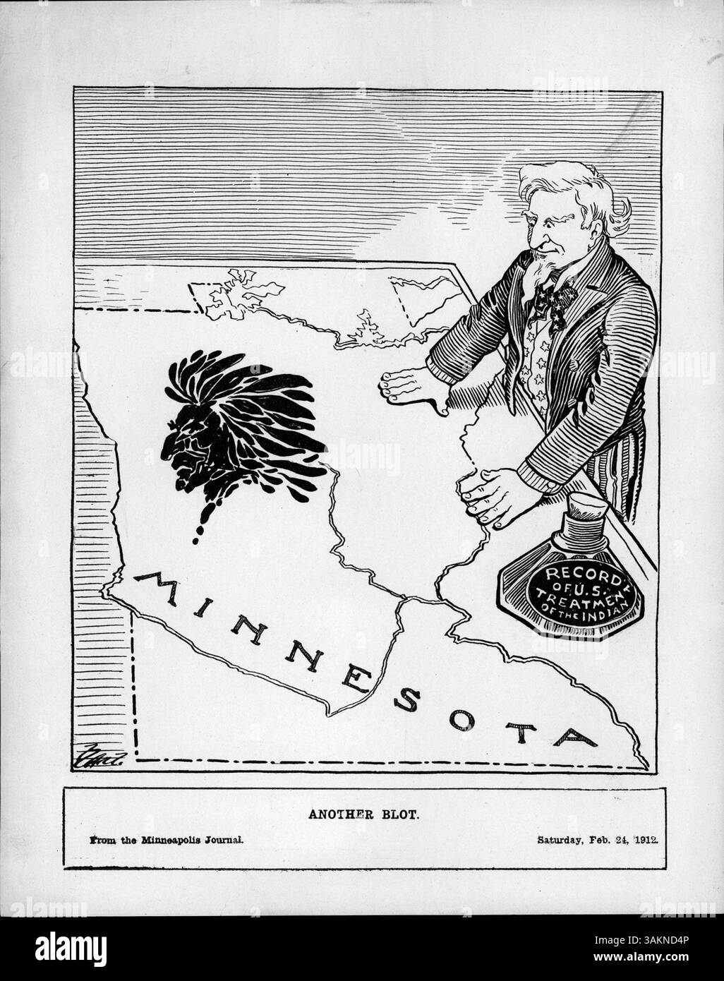 „Another Blot“ zeigt Onkel Sam, der über einer Karte von Minnesota steht, mit einem Tintenfleck, der einer Figur der amerikanischen Ureinwohner ähnelt. Das Bild bezieht sich wahrscheinlich auf die Geschichte der amerikanischen Behandlung indianischer Stämme, symbolisiert durch die Red Lake Indian Reservation. Stockfoto