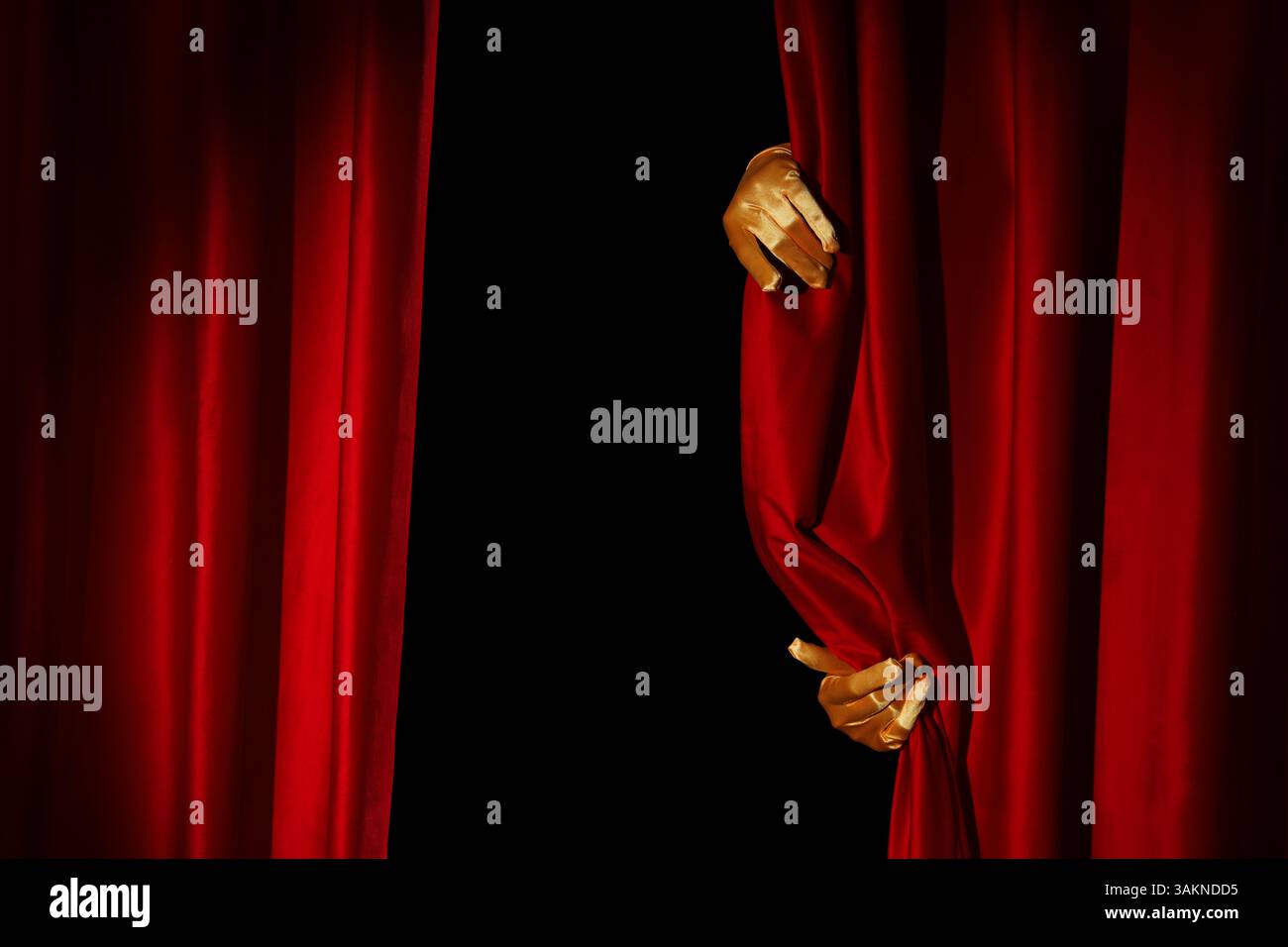 Weibliche Hände in Handschuhen öffnen rote Vorhänge auf schwarzem Hintergrund Stockfoto