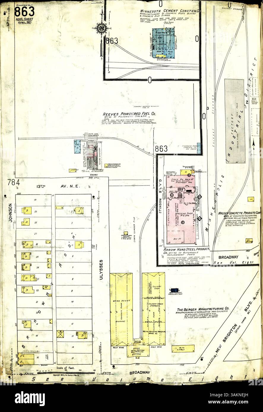 Die Sanborn Insurance Maps of Minneapolis, Band 7, bieten einen umfassenden Überblick über das Wachstum der Stadt auf der Basiskarte von 1912, die bis 1930 bearbeitet wurde. Diese Karten werden verwendet, um die Baupläne, Materialien und Sachrisiken der Stadt für Versicherungszwecke zu untersuchen, die auf einer Skala von 50 Fuß bis 1 Zoll gezeichnet sind. Stockfoto
