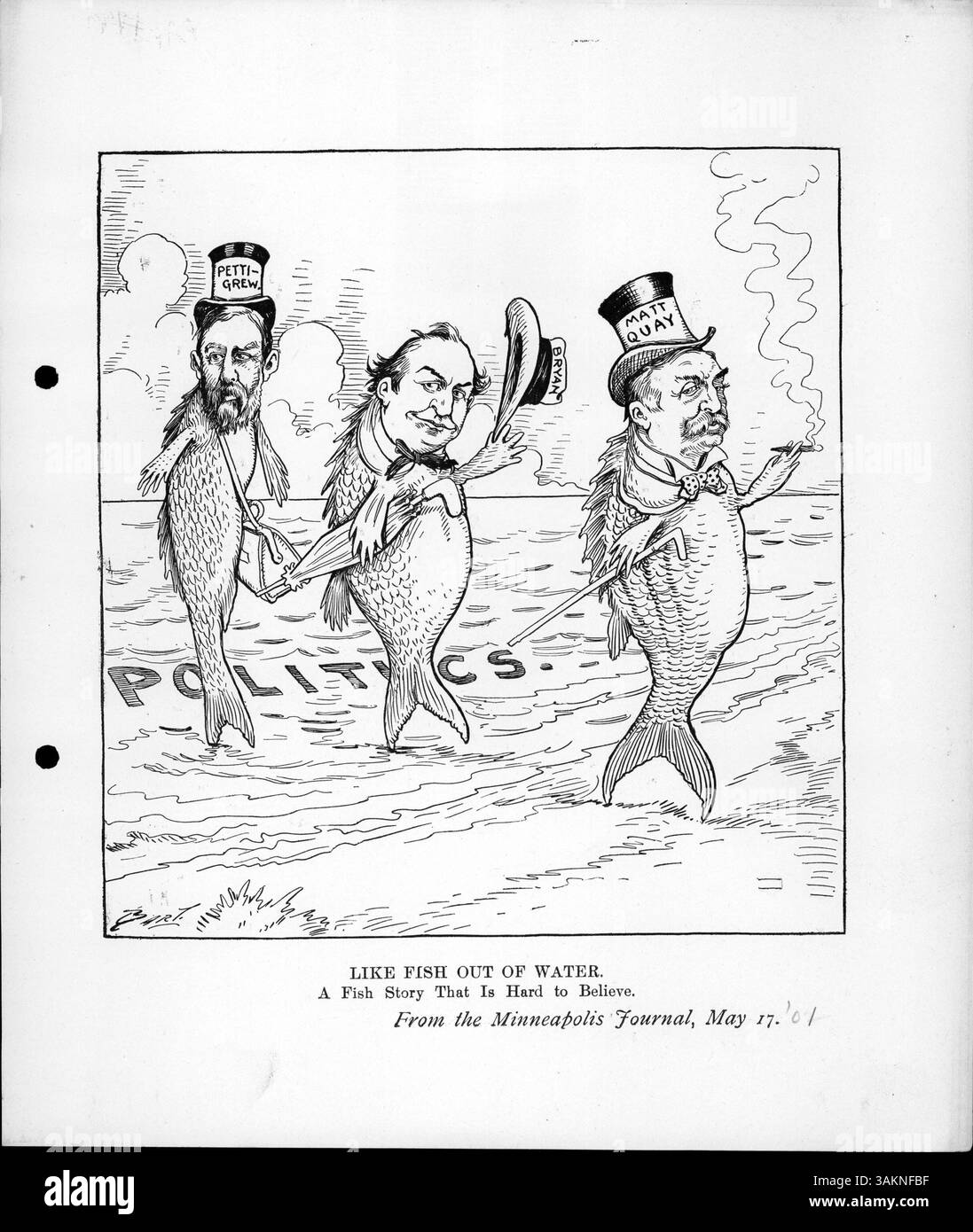 Dieses Dokument beschreibt eine politische Geschichte mit Matt Quay, William Jennings Bryan und Richard Pettigrew, wie sie aus der politischen Landschaft hervorgehen, mit Quays Versprechen, nicht wieder für das Amt zu kandidieren, und ähnlichen Aussagen von Bryan und Pettigrew. Stockfoto