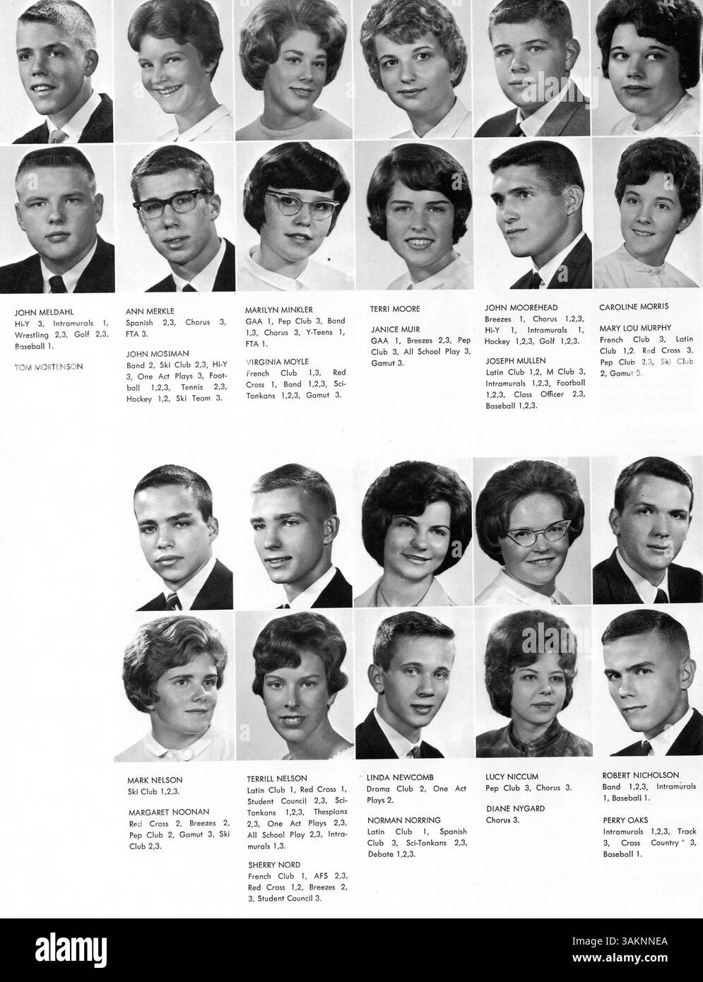 Dieses jährliche Schuljahr von Minnetonka umfasst das akademische Jahr 1963-1964, in dem Schüler, Lehrkräfte, Leichtathletik und außerschulische Aktivitäten dokumentiert werden. Stockfoto