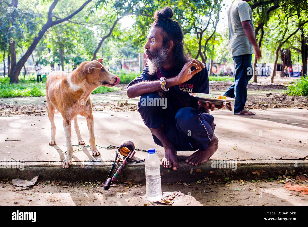 Ein Mann interagiert mit einem streunenden Hund, während er in einem öffentlichen Park Futter hält, was Empathie, Straßenleben und Mensch-Tier-Verbindung hervorhebt. Stockfoto