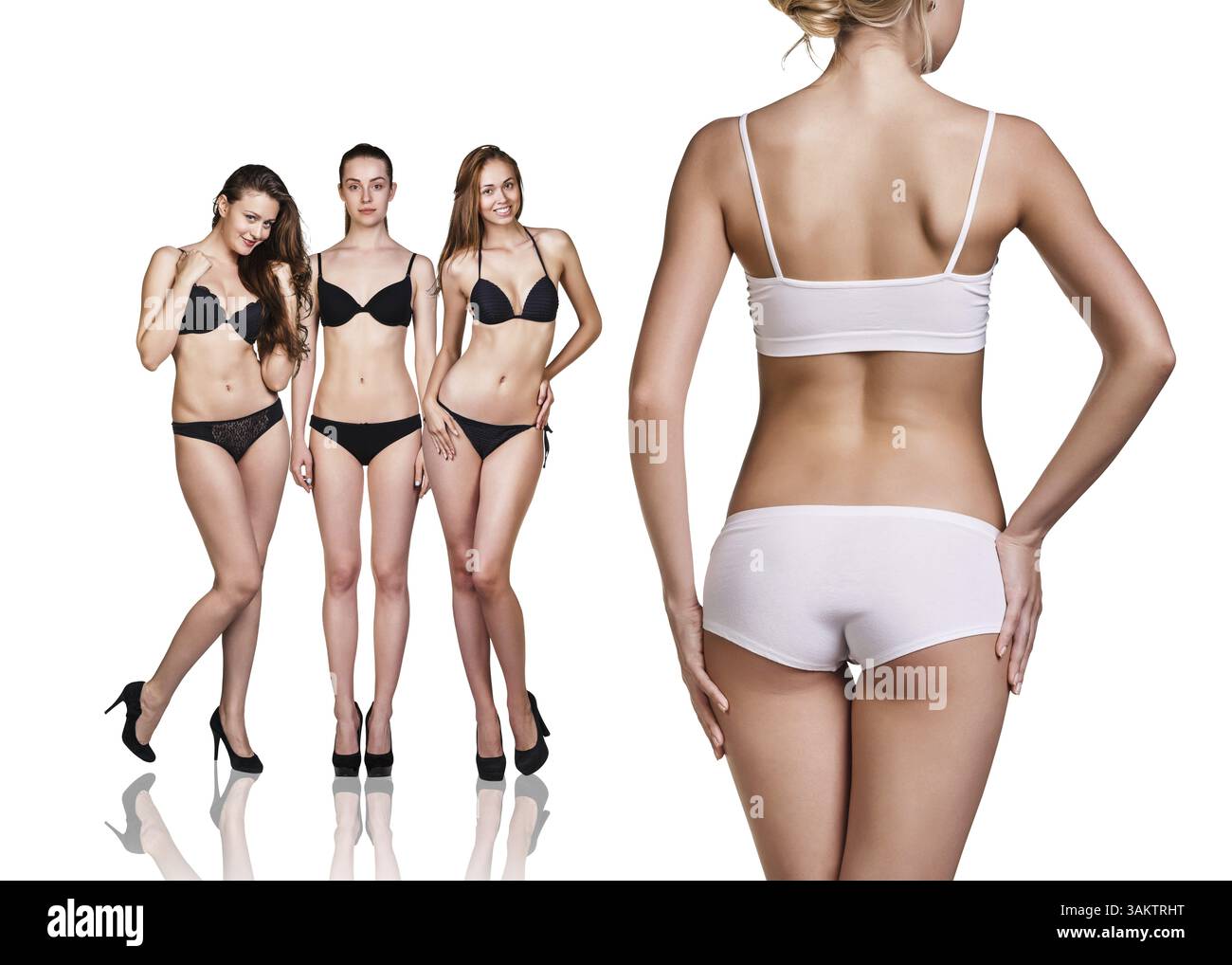 Frau zeigt ihren Gewichtsverlust, isoliert auf weißem Hintergrund Stockfoto