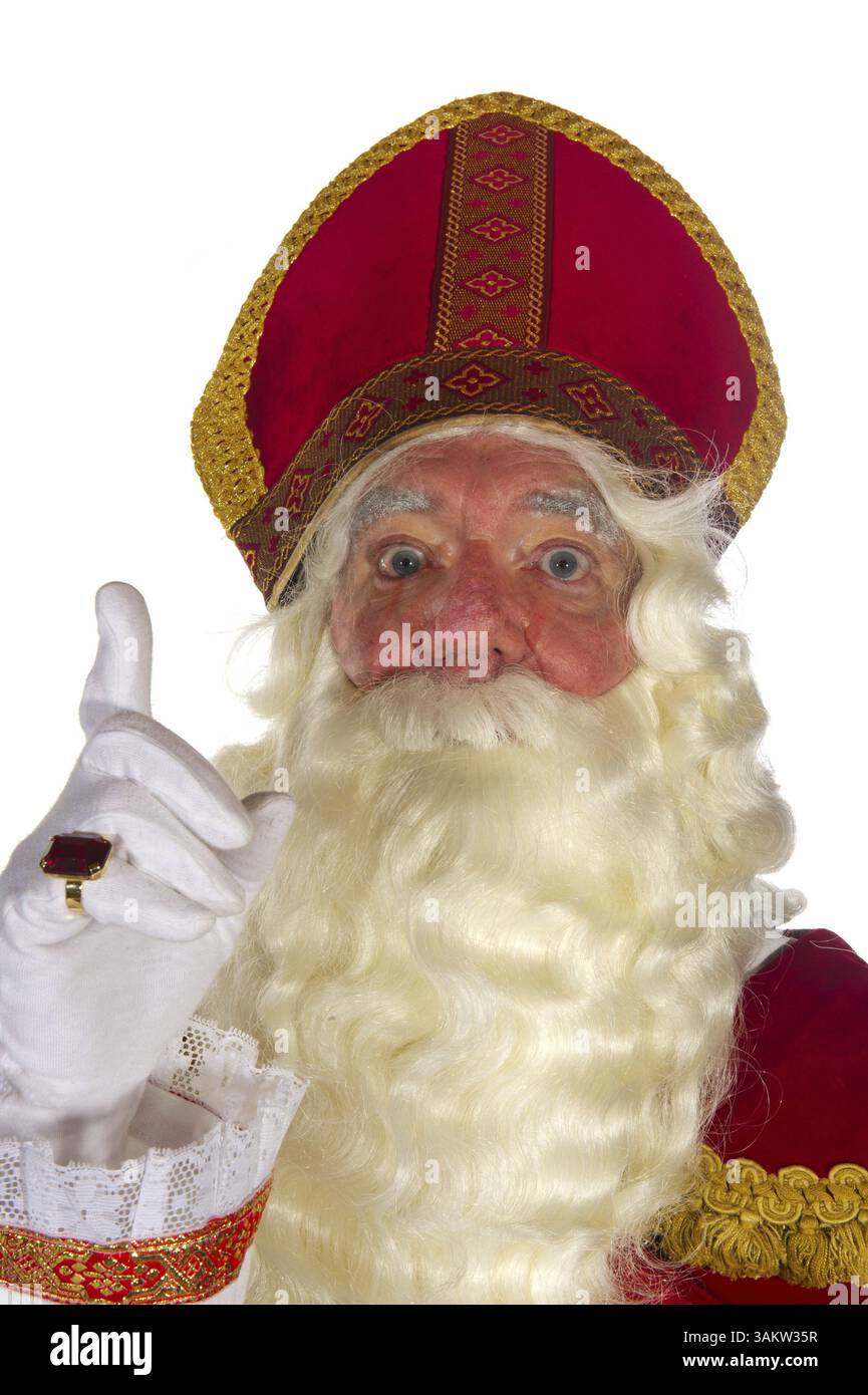 Porträt von der holländischen Sinterklaas isoliert auf weiß Stockfoto