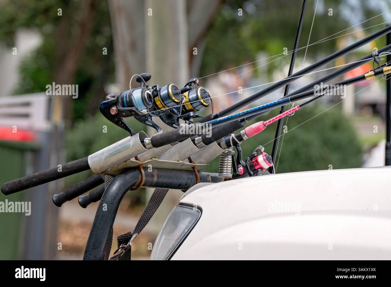 Angelruten an der Bullenbar, Motorhaube vor dem Auto, Outdoor-Küstenleben, Ozean Fluss Hobby Sport Stockfoto