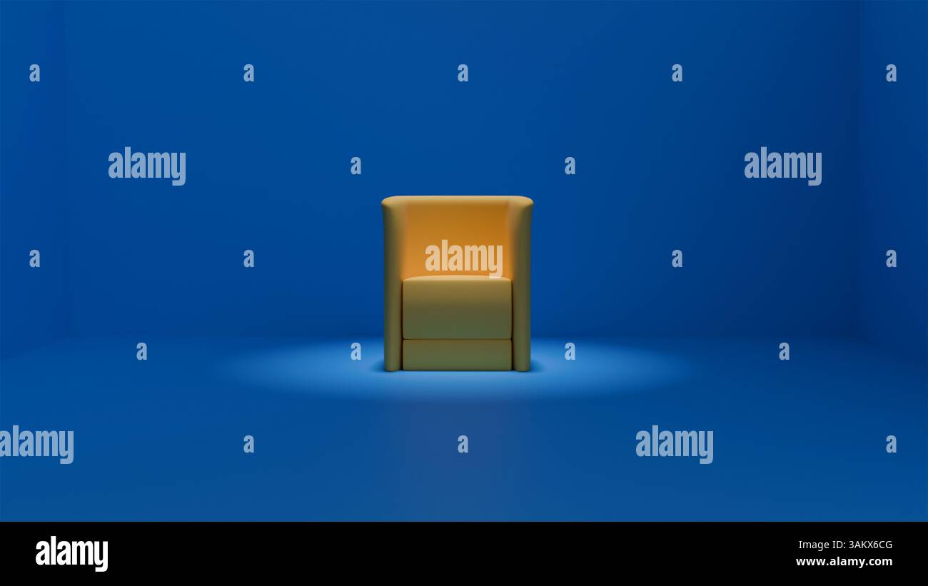 3D-Modell eines gelben stilvollen Sessels in einem blauen Zimmer in der Farbe der ukrainischen Flagge, gepolsterte Möbel Stockfoto