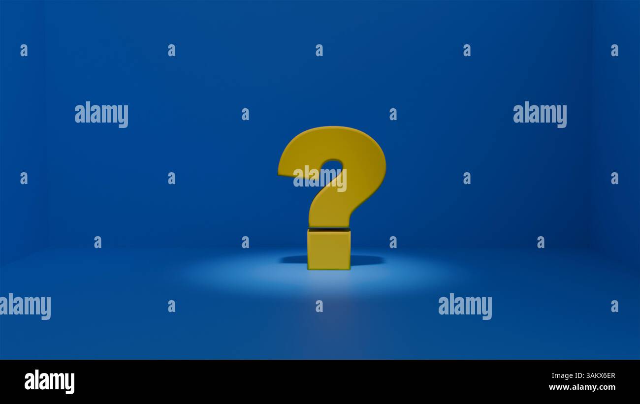 3D gelbes Fragezeichen in einem blauen Raum in den Farben der ukrainischen Flagge, Frage Stockfoto