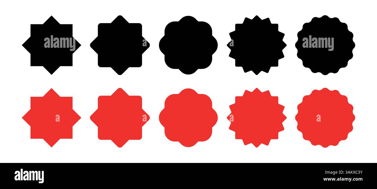 Starburst Red Aufkleber Set - Kollektion von Sonderangeboten, ovale und runde Sonnenschliff-Etiketten und -Abzeichen. Vektorillstration. Stock Vektor
